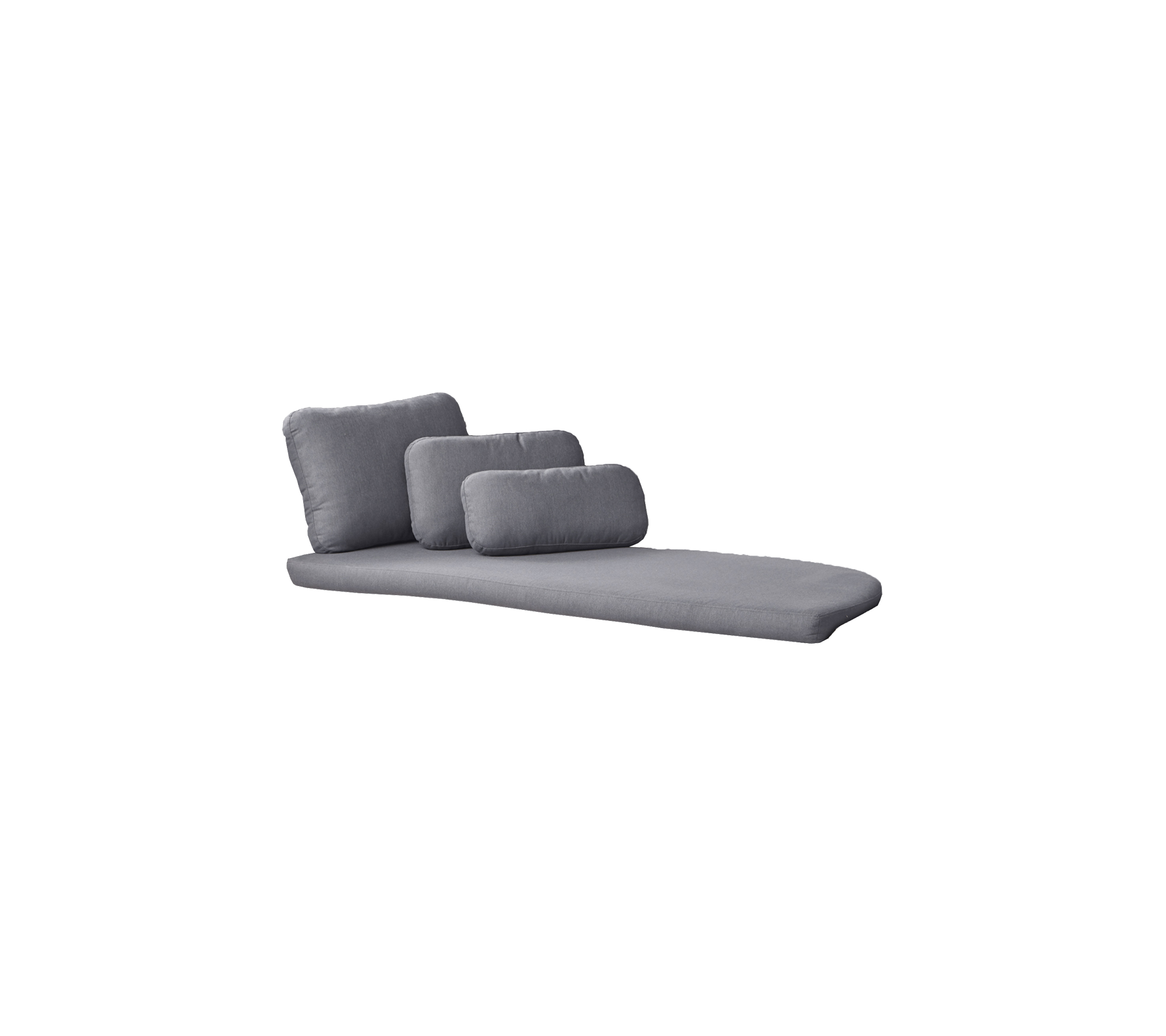 Moderne grå chaise lounge med tre myke puter, som tilbyr et slankt og komfortabelt design for avslapning.
