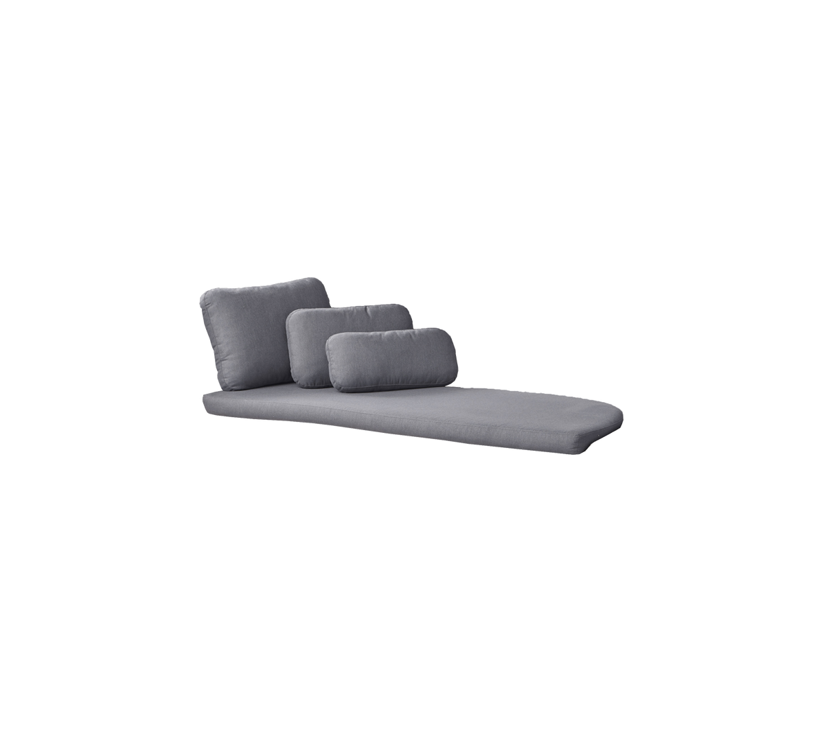 Moderne grå chaise lounge med tre myke puter, som tilbyr et slankt og komfortabelt design for avslapning.