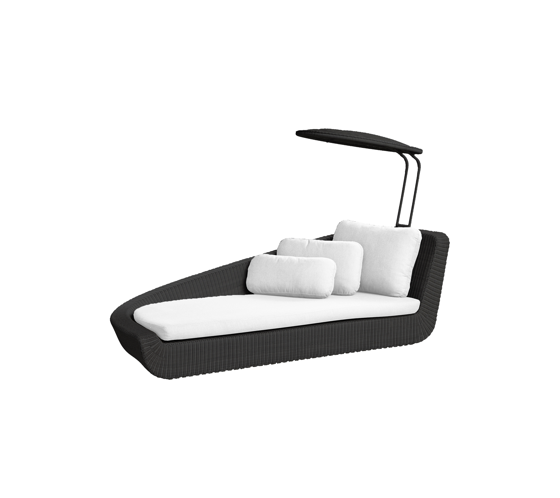 Stilig utendørs lounge stol med et slankt design, med myke hvite puter og et beskyttende tak for komfort og avslapning.