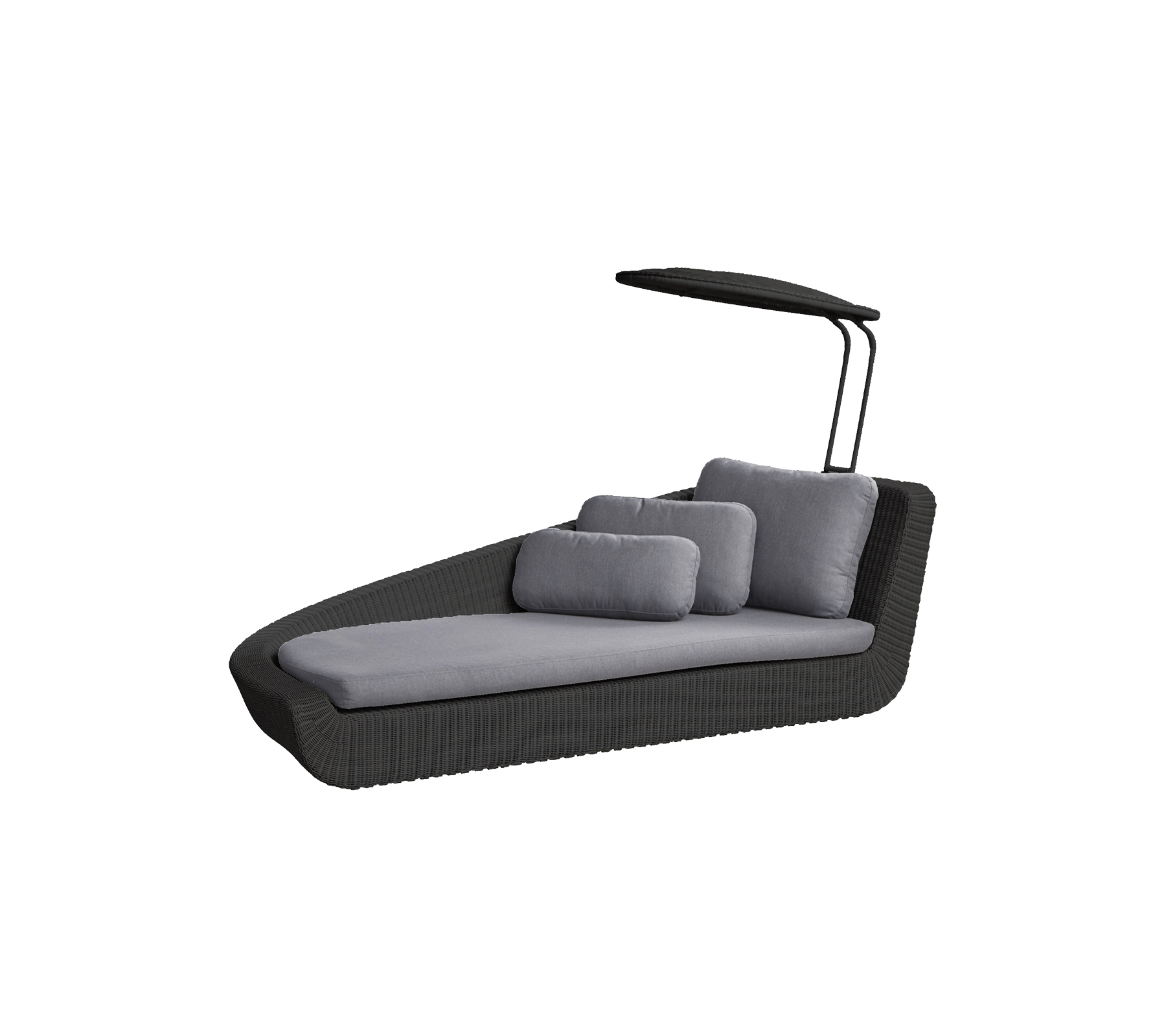 Stilig lenestol med moderne design, med en baldakin og myke grå puter for komfort og avslapning.