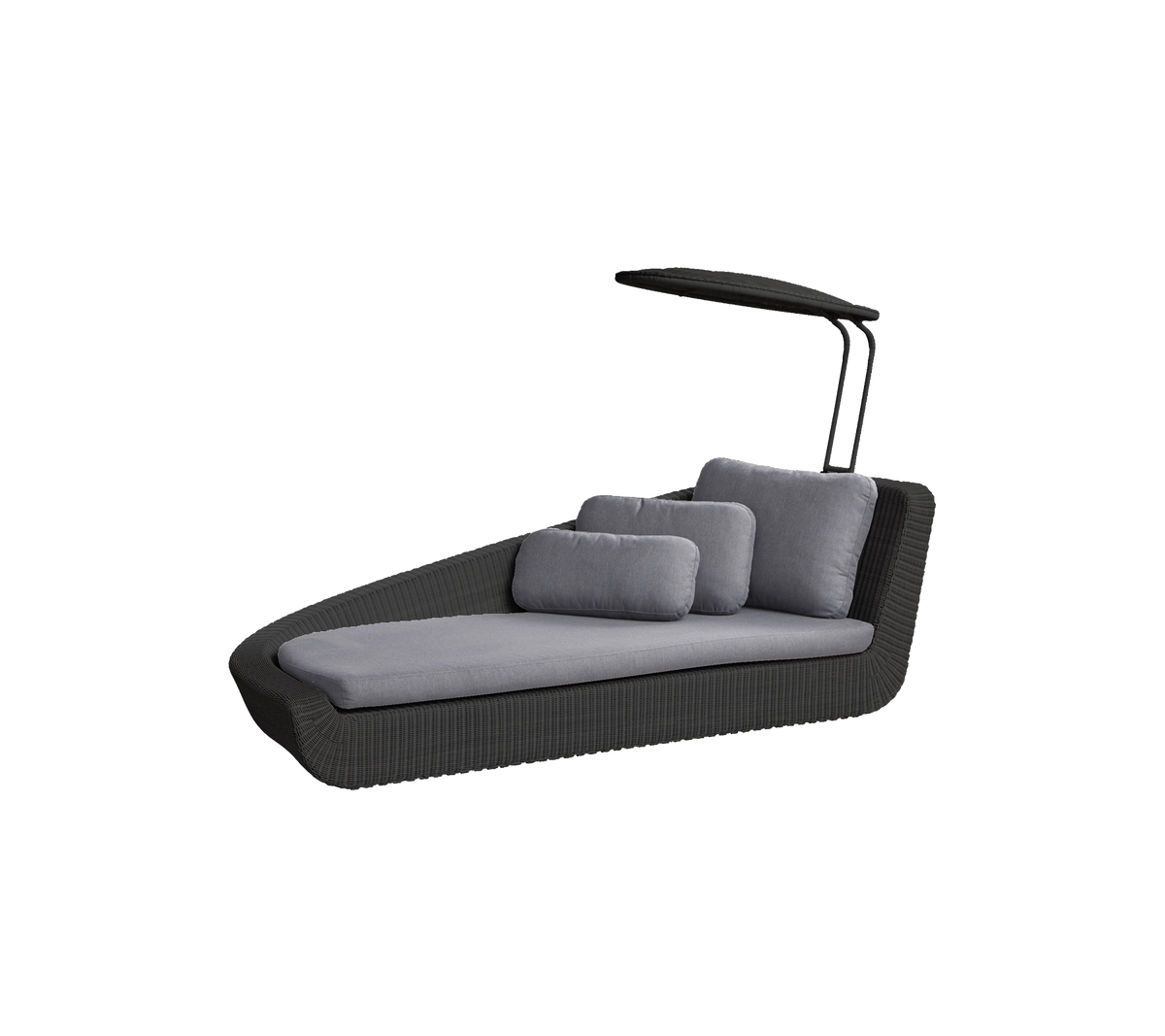 Stilig lenestol med moderne design, med en baldakin og myke grå puter for komfort og avslapning.