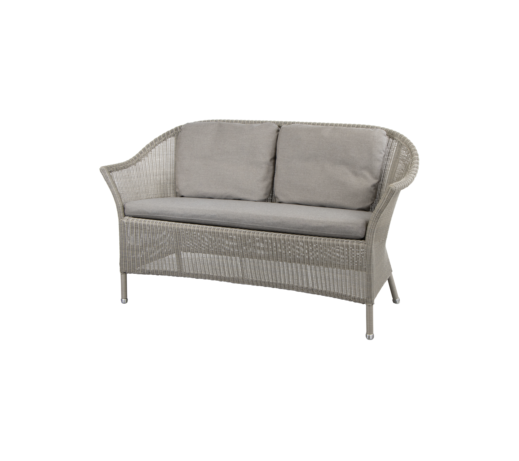 Koselig 2-seters sofa med lysegrå puter og vevd design, perfekt for avslapning og stilfull sitteplass.