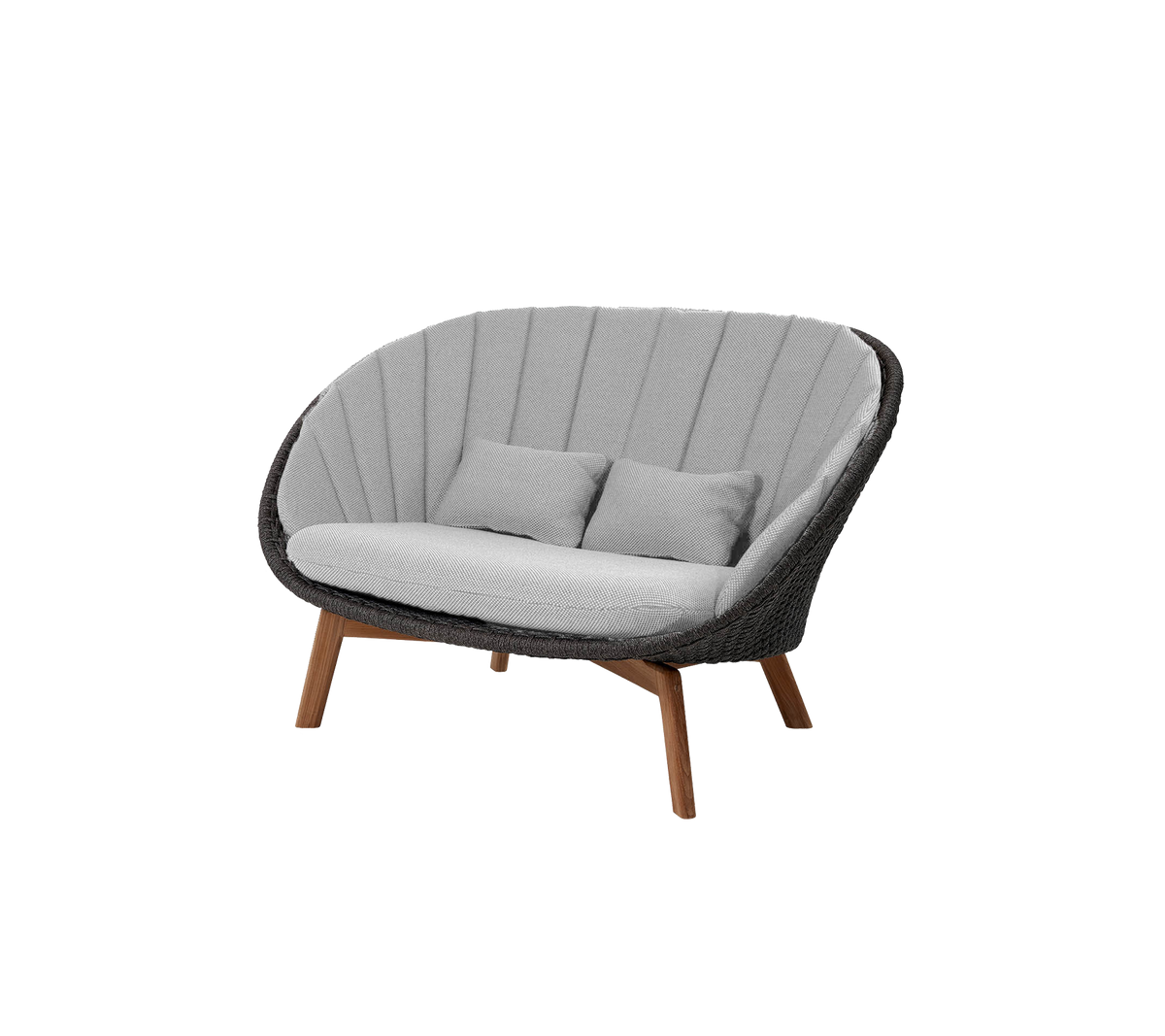 Stilig sovesofa med buet design, med grå stoff og treben, perfekt for å legge til komfort og moderne stil.