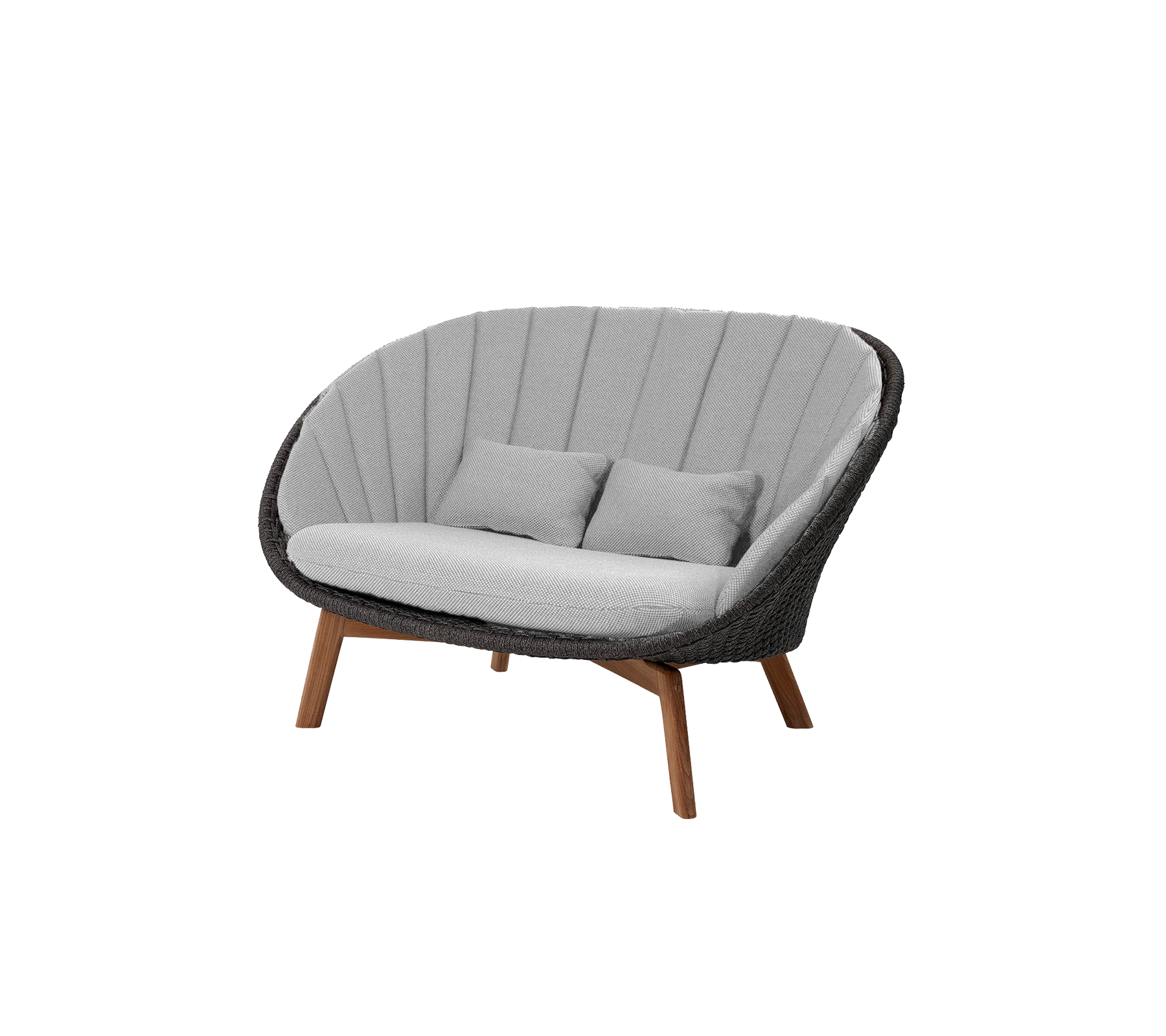 Stilig sovesofa med buet design, med grå stoff og treben, perfekt for å legge til komfort og moderne stil.