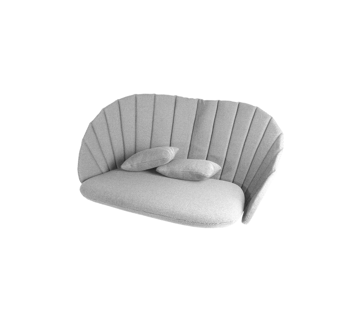 Stilrent buet sofa med et mykt grått stoff og tre myke puter, med et ribbet design for ekstra eleganse.