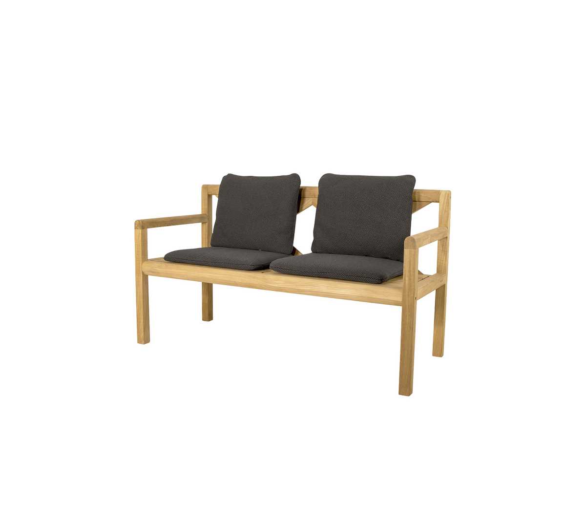 To-personers trebenk med komfortable mørkegrå puter, med et enkelt og moderne design. Ideell for uformell sitting.