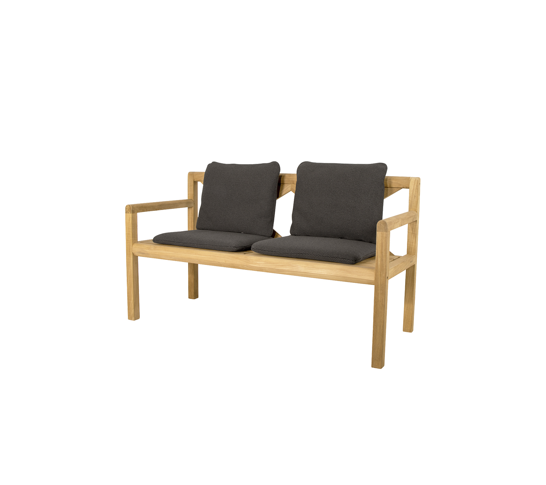 To-personers trebenk med komfortable mørkegrå puter, med et enkelt og moderne design. Ideell for uformell sitting.