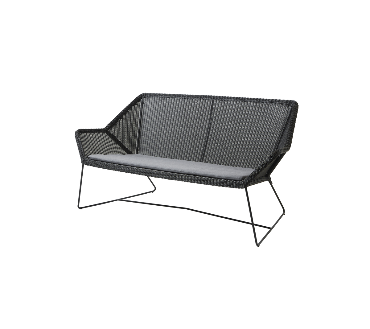Stilig to-seters sofa med et vevd design og komfortabel grå pute, med slanke metallben for støtte.