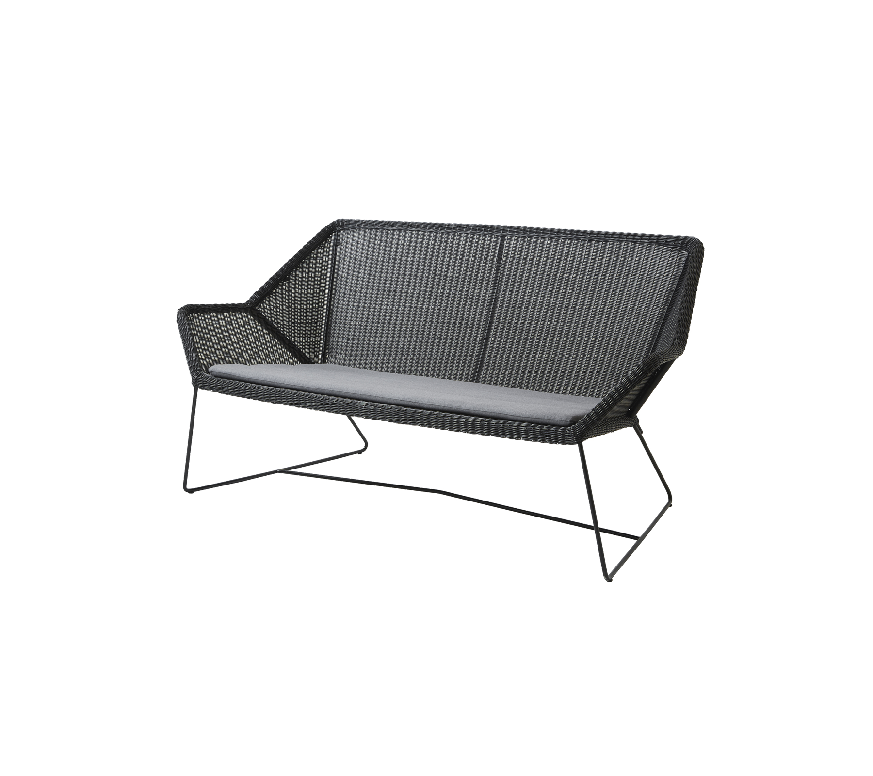 Stilig to-seters sofa med et vevd design og komfortabel grå pute, med slanke metallben for støtte.