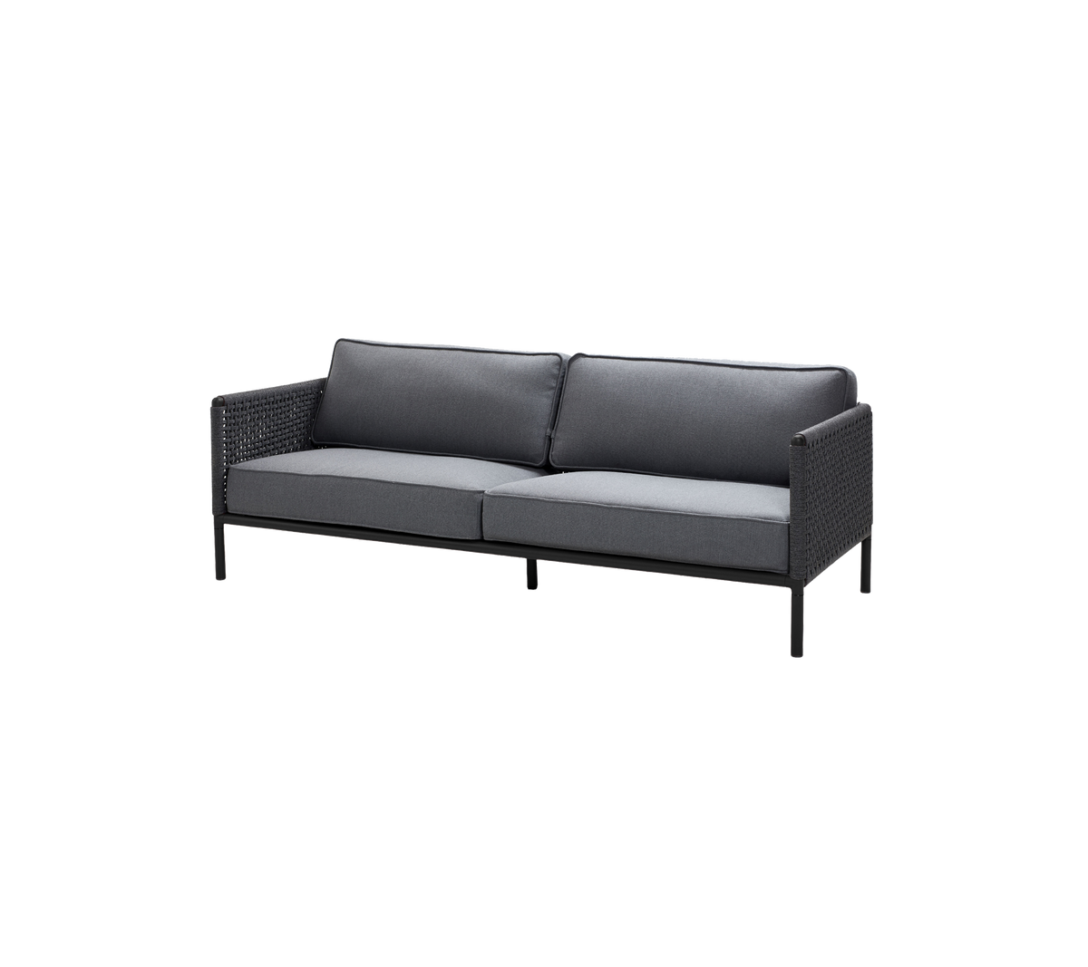 Stilfull to-seters sofa med svart ramme og grå puter, med et vevd design for ekstra tekstur og komfort.