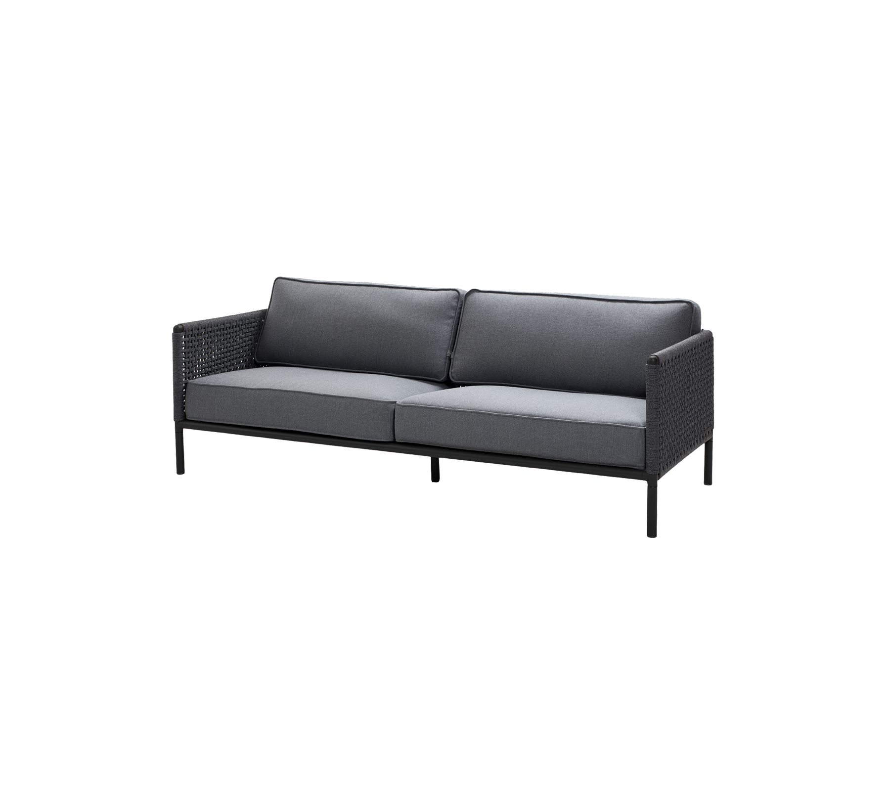 Stilfull to-seters sofa med svart ramme og grå puter, med et vevd design for ekstra tekstur og komfort.
