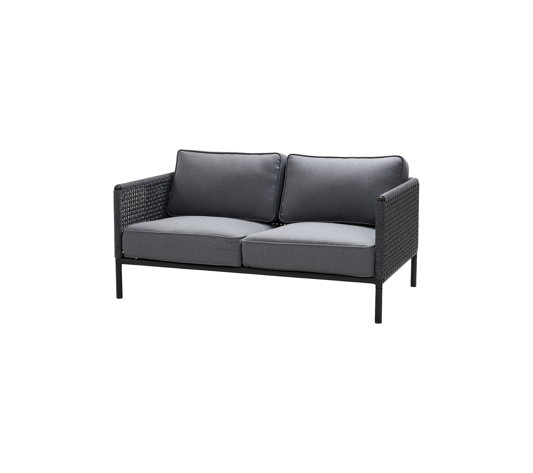 To-seters sofa med en slank svart ramme og mørkegrå puter, designet for komfort og stil. Perfekt for uformelle sitteområder.