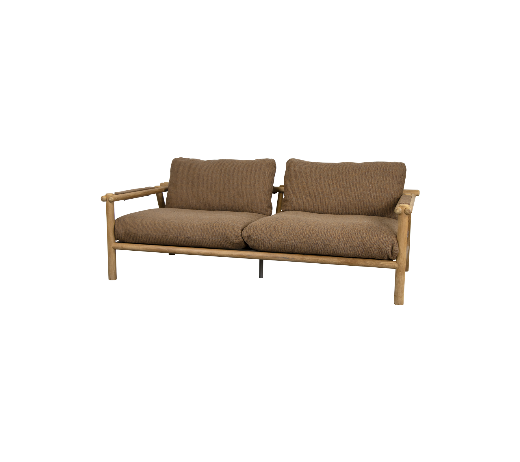 En komfortabel to-seters sofa med trevirke og myke brune puter, designet for avslapning og stilige sitteplasser.