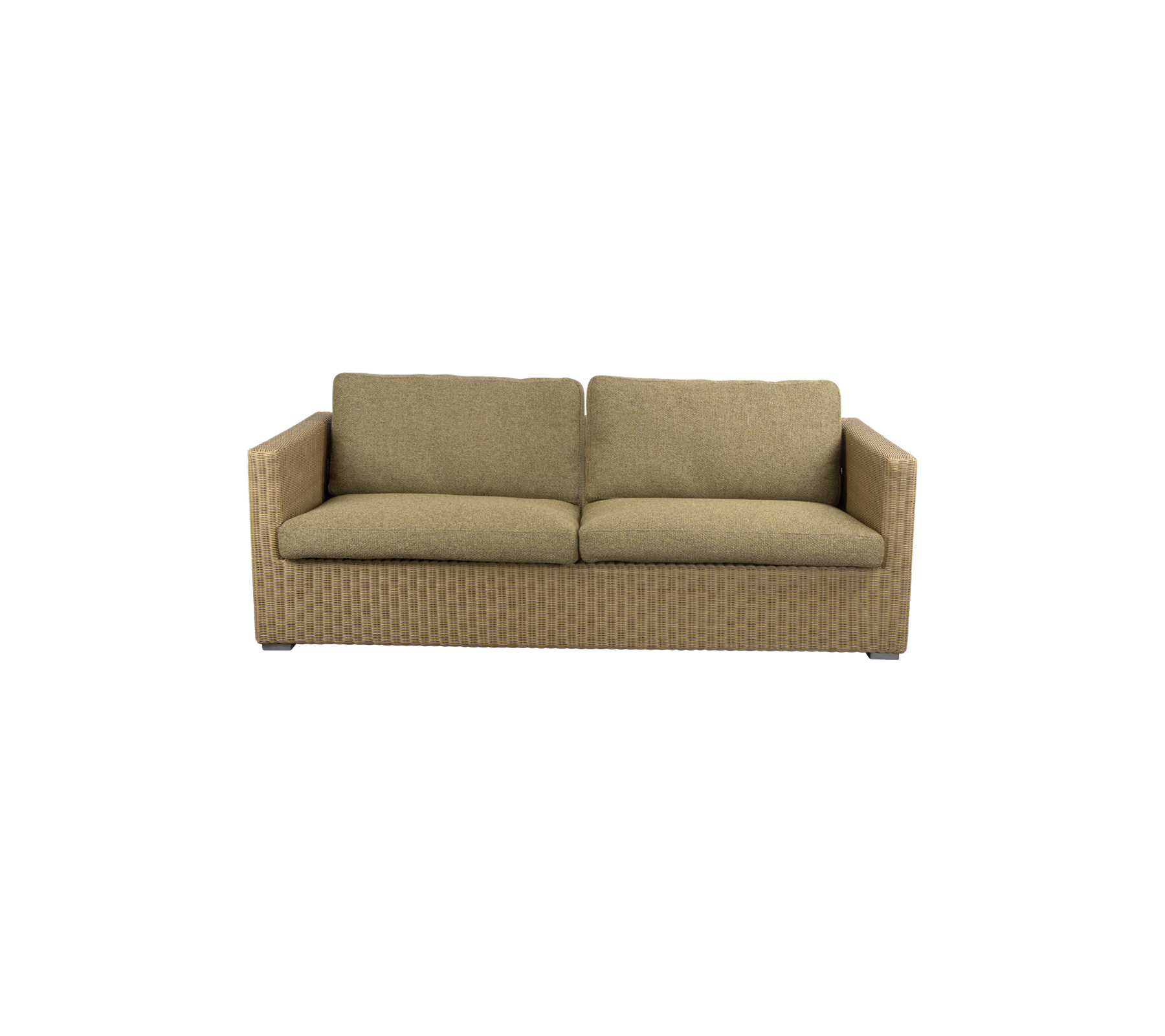 Koselig, moderne sofa med et teksturert stoffdesign og myke puter, perfekt for avslapning og komfort i ethvert rom.