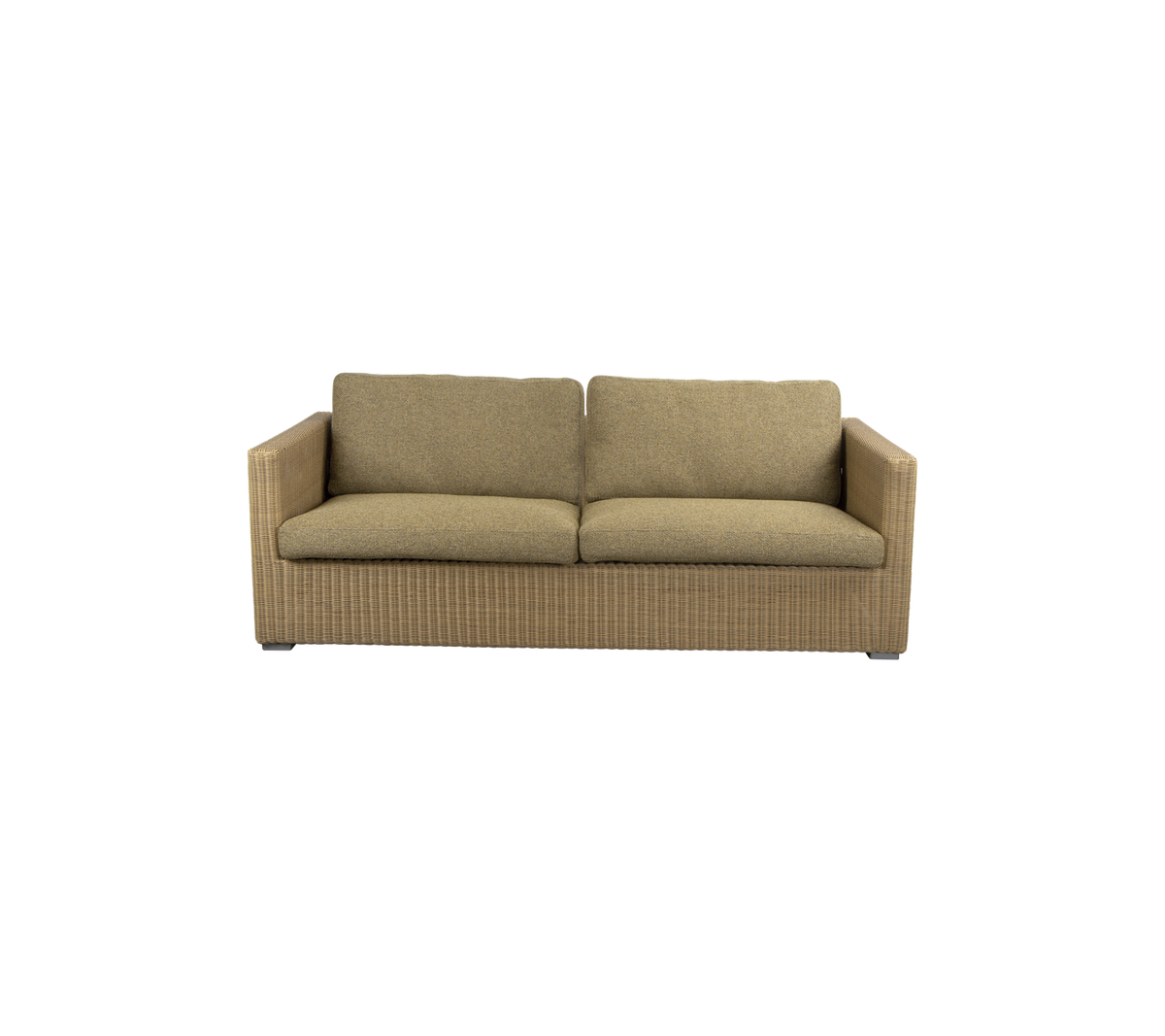 Koselig, moderne sofa med et teksturert stoffdesign og myke puter, perfekt for avslapning og komfort i ethvert rom.