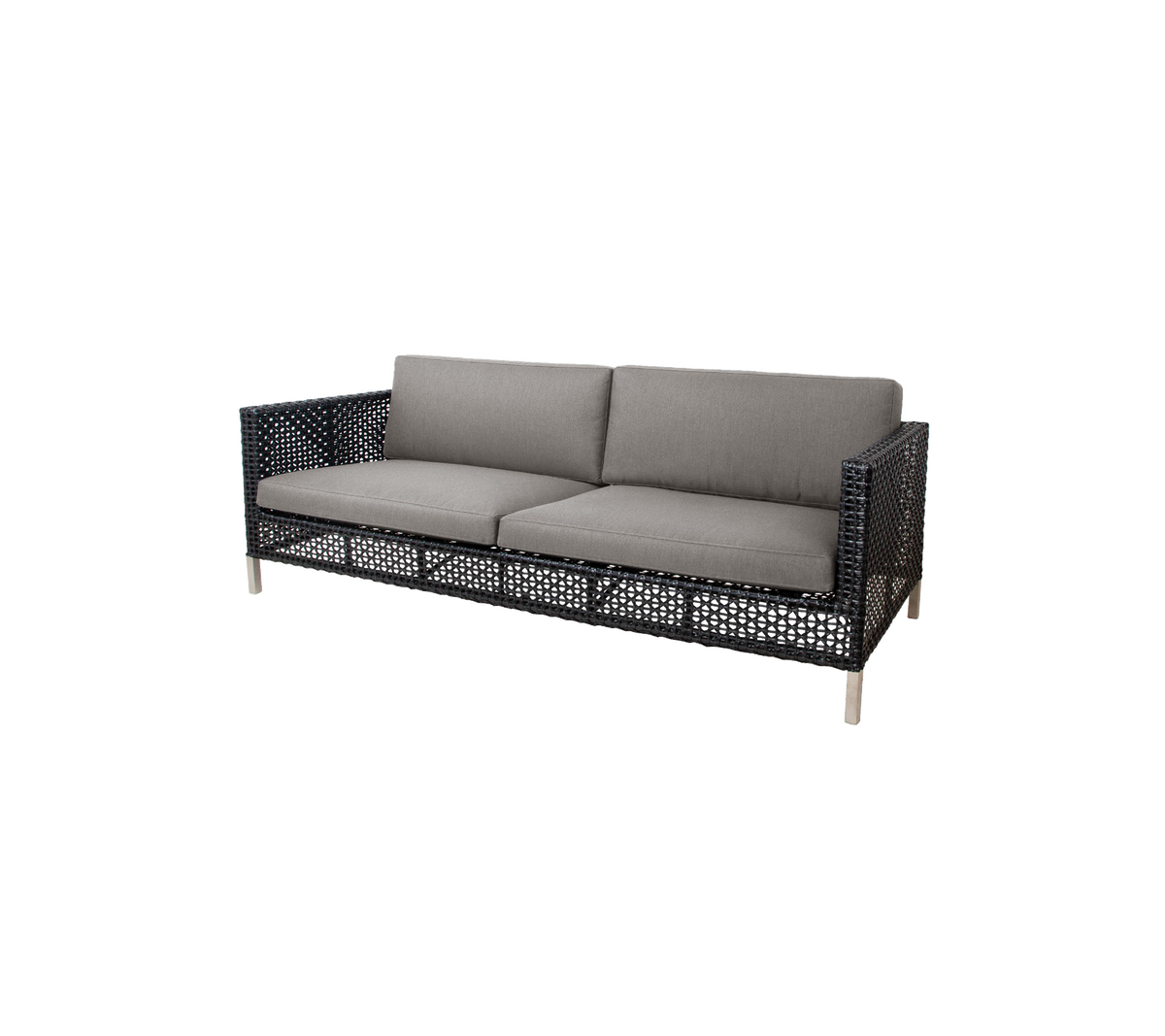 Stilig sofa med vevd design og grå puter, designet for komfort og moderne estetikk. Perfekt for ethvert sitteområde.