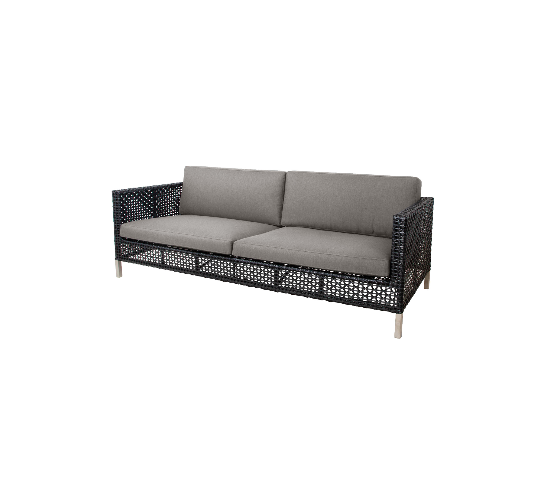 Stilig sofa med vevd design og grå puter, designet for komfort og moderne estetikk. Perfekt for ethvert sitteområde.
