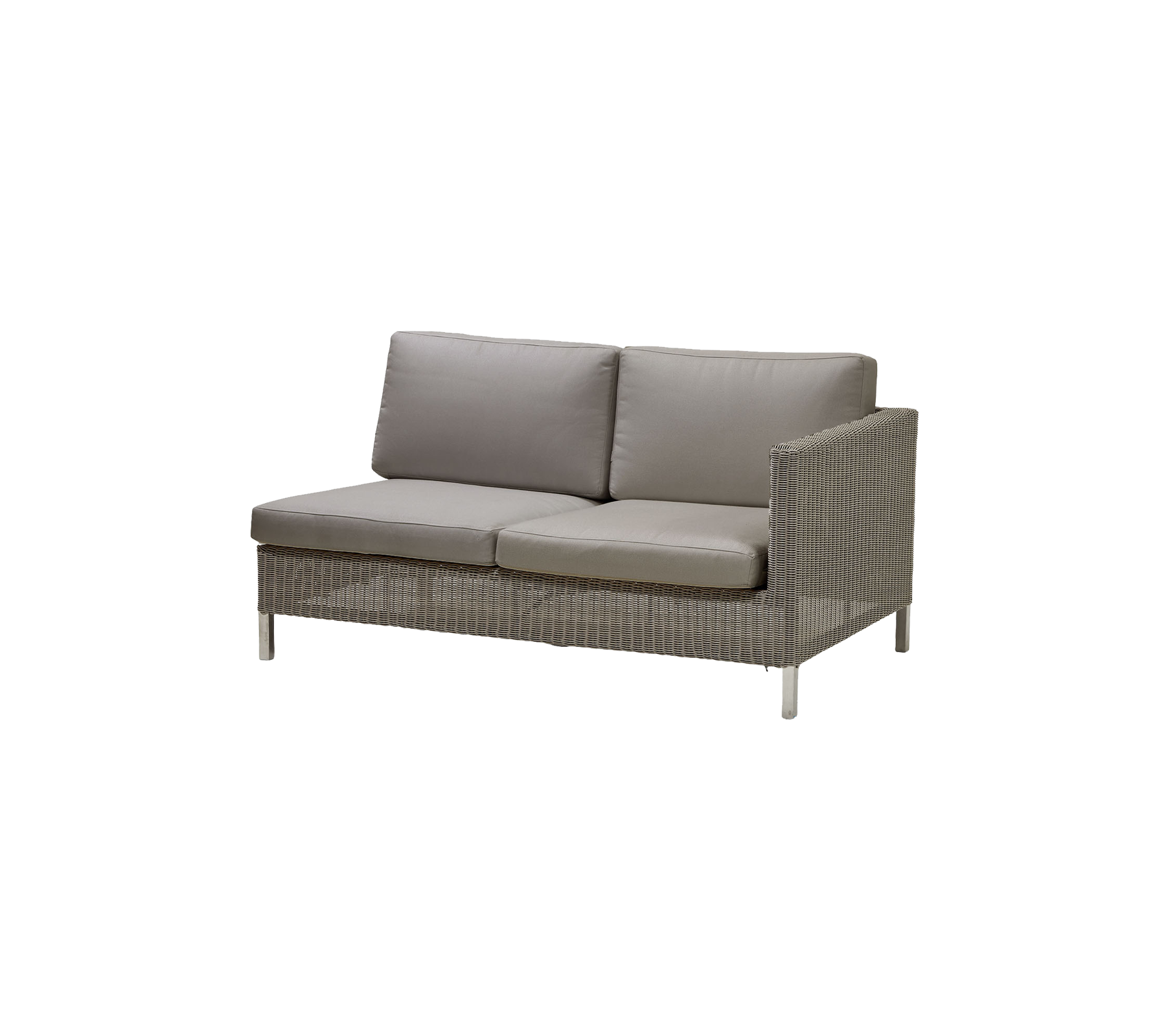 Moderne to-seters sofa med teksturert ramme og myke grå puter for komfort og stil. Perfekt for avslapning.