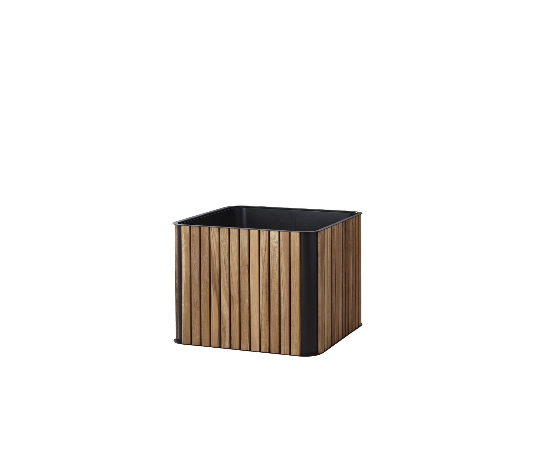 Firkantet plantekasse med en trelastedesign og en svart base, perfekt for å vise planter og forbedre ethvert rom.