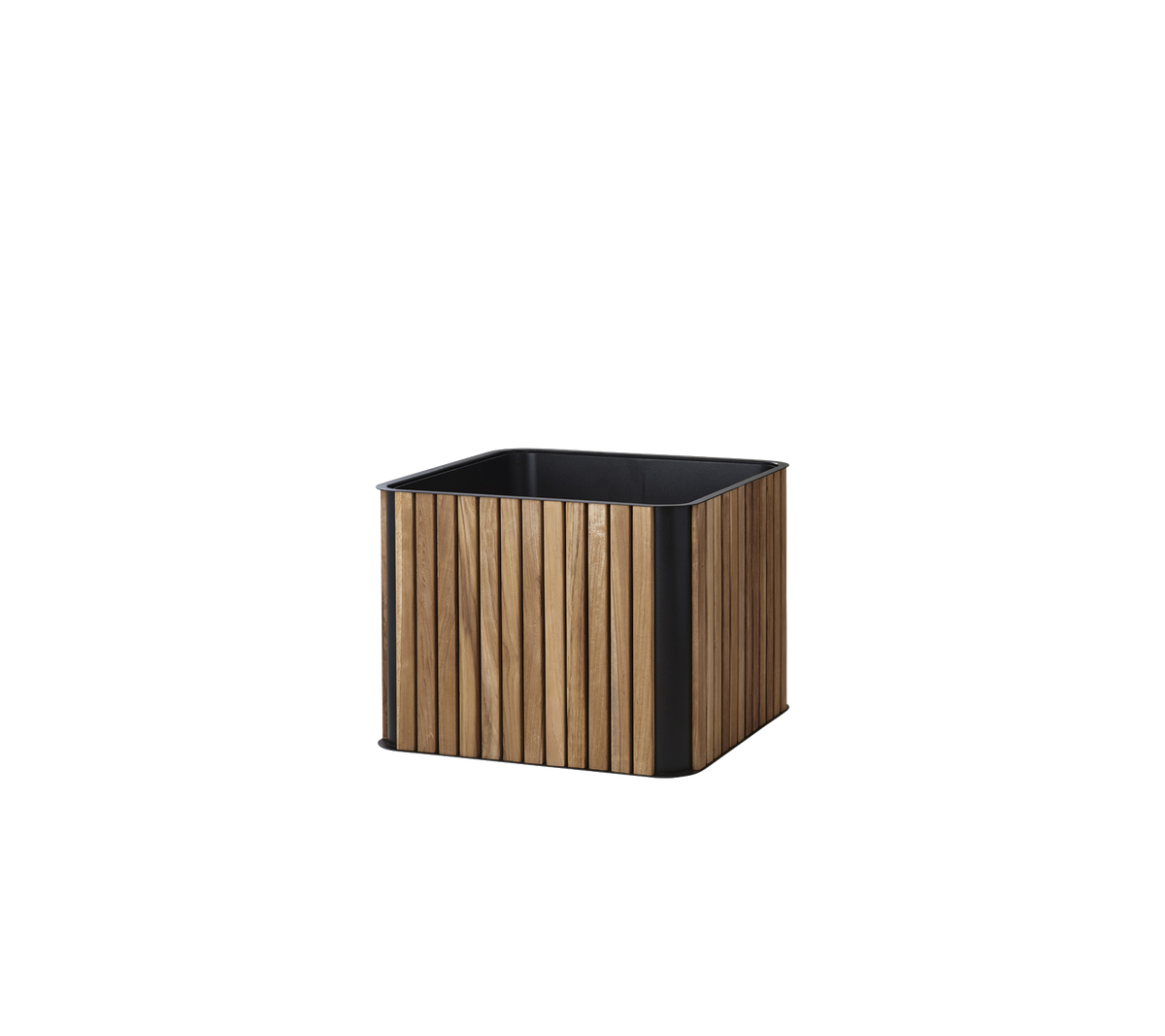 Firkantet plantekasse med en trelastedesign og en svart base, perfekt for å vise planter og forbedre ethvert rom.
