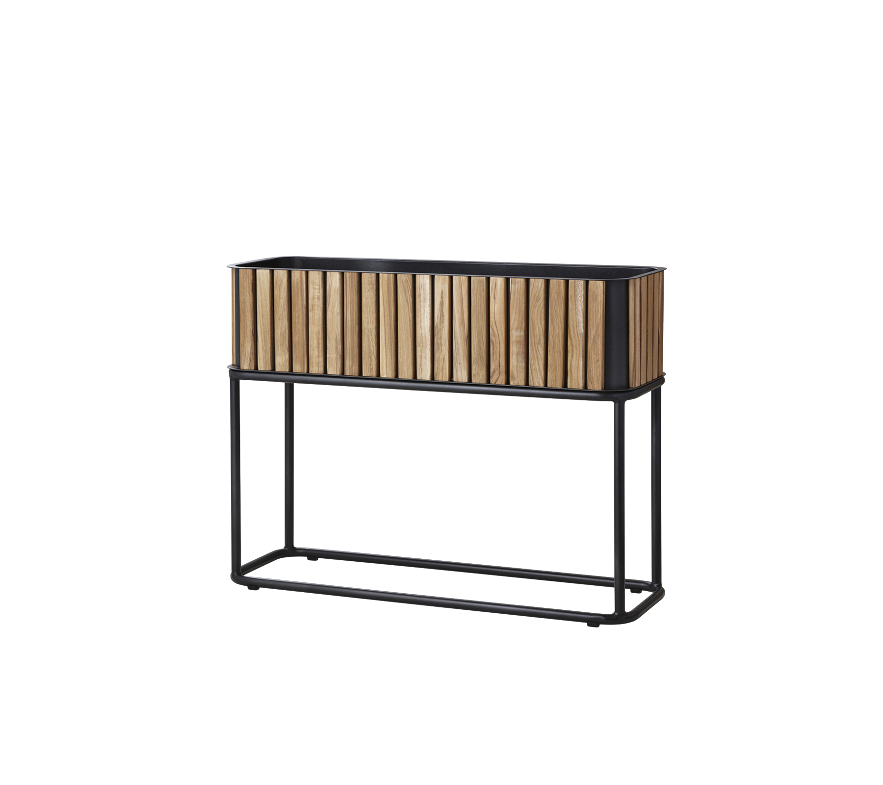 Trekasse med lamel-design, støttet av en slank metallramme, egnet for å vise planter eller blomster.