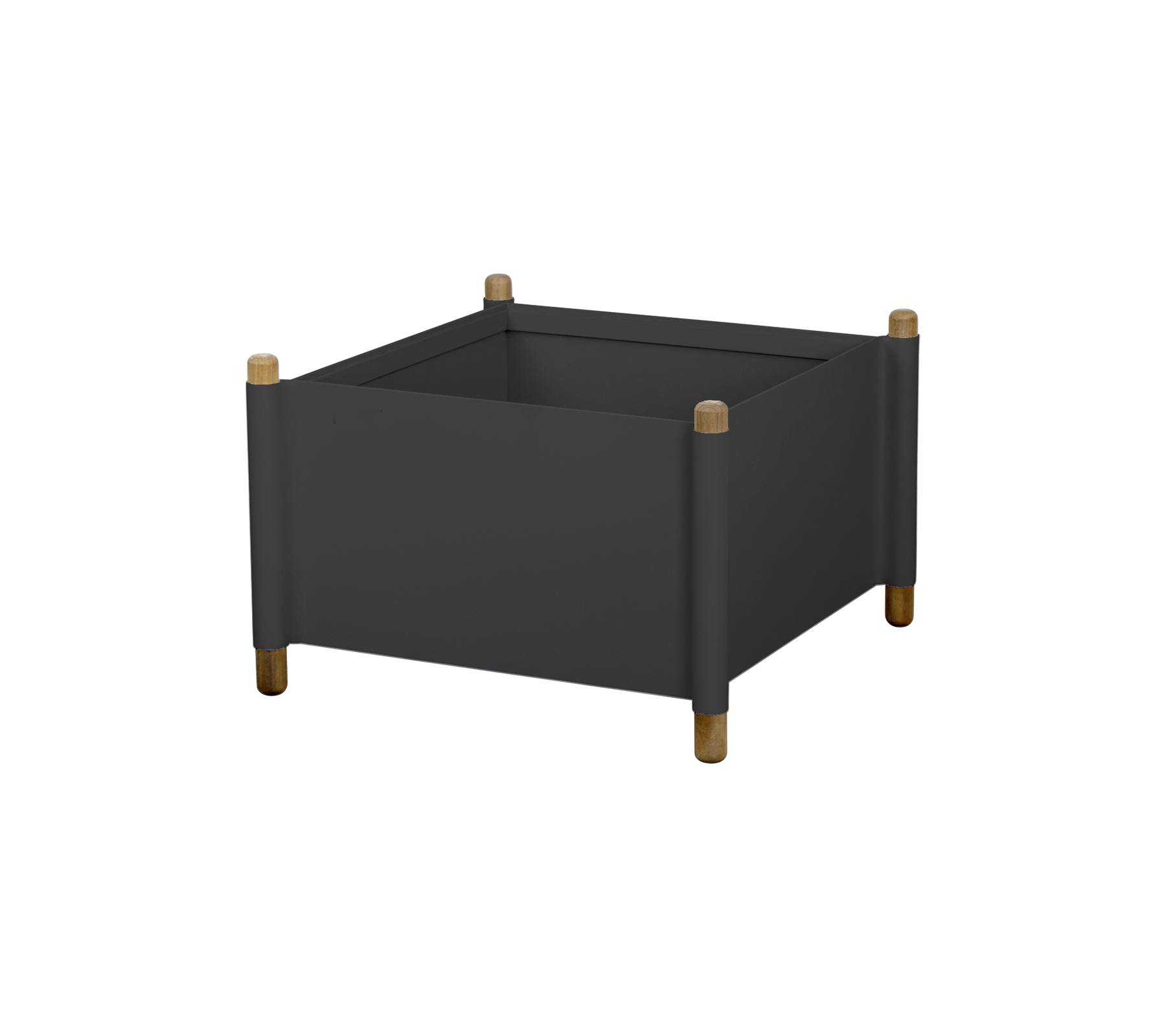 En kvadratisk plantekasse med en mørk finish og treben, designet for å vise planter eller blomster på en stilfull måte.