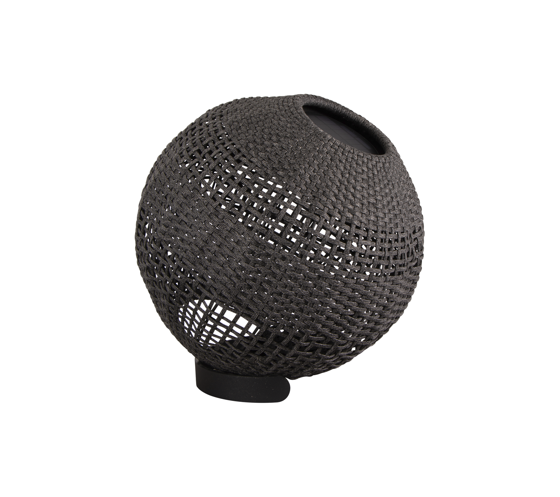 Dekorativ sfærisk lampe med vevd tekstur og minimalistisk design, med en subtil lyskilde for atmosfærisk belysning.