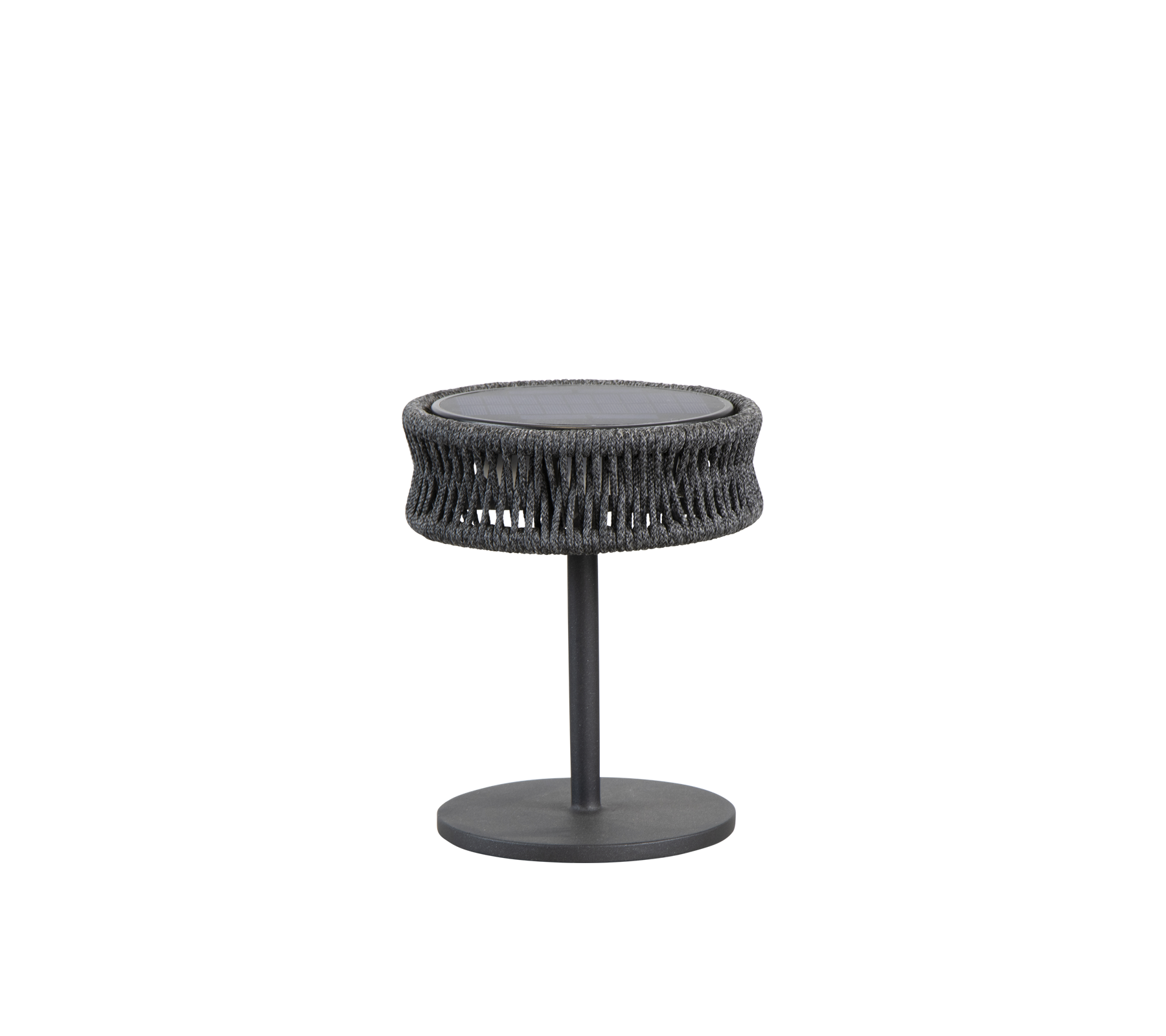 Rund sidebord med et strukturert, vevet design og en elegant metallbunn, perfekt for å tilføre stil til ethvert rom.