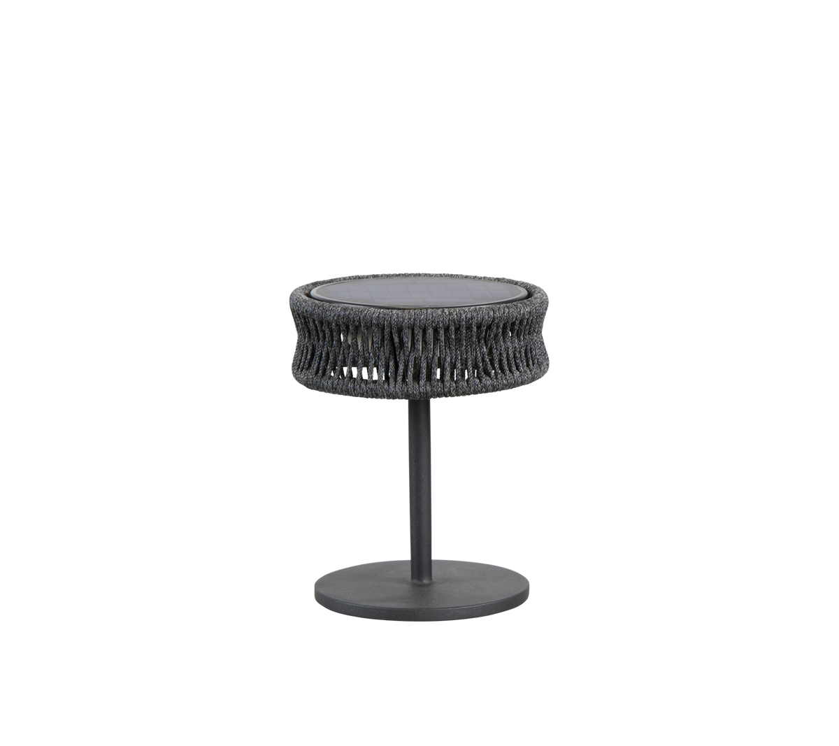 Rund sidebord med et strukturert, vevet design og en elegant metallbunn, perfekt for å tilføre stil til ethvert rom.