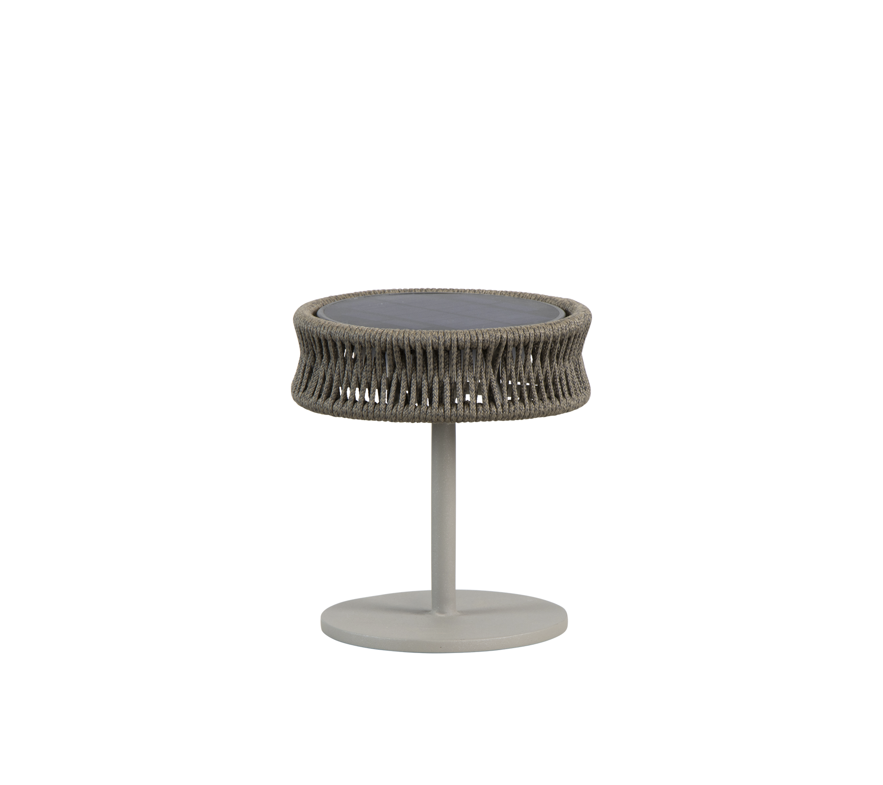 Rundt bord med en strukturert, vevd design i nøytrale toner, med en strømlinjeformet pedestalbase. Ideelt for stilige moderne rom.