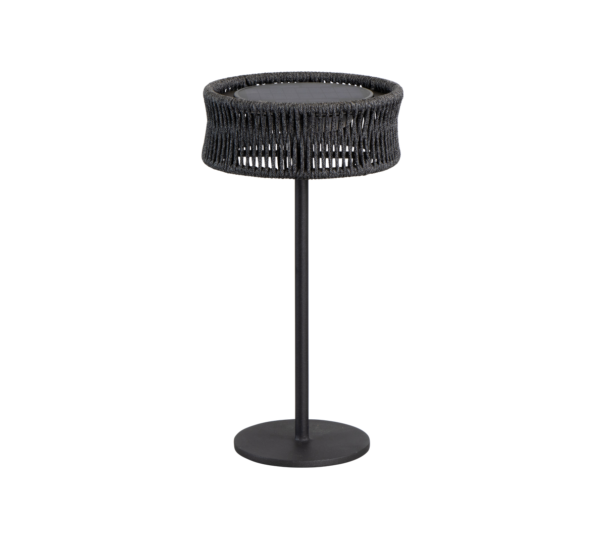Et stilrent, moderne bord med en rund topp og en vevd tekstur, støttet av en enkel svart metallbase.