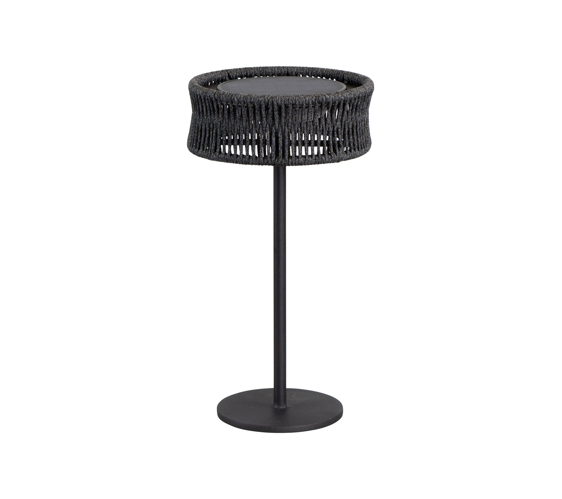 Et stilrent, moderne bord med en rund topp og en vevd tekstur, støttet av en enkel svart metallbase.