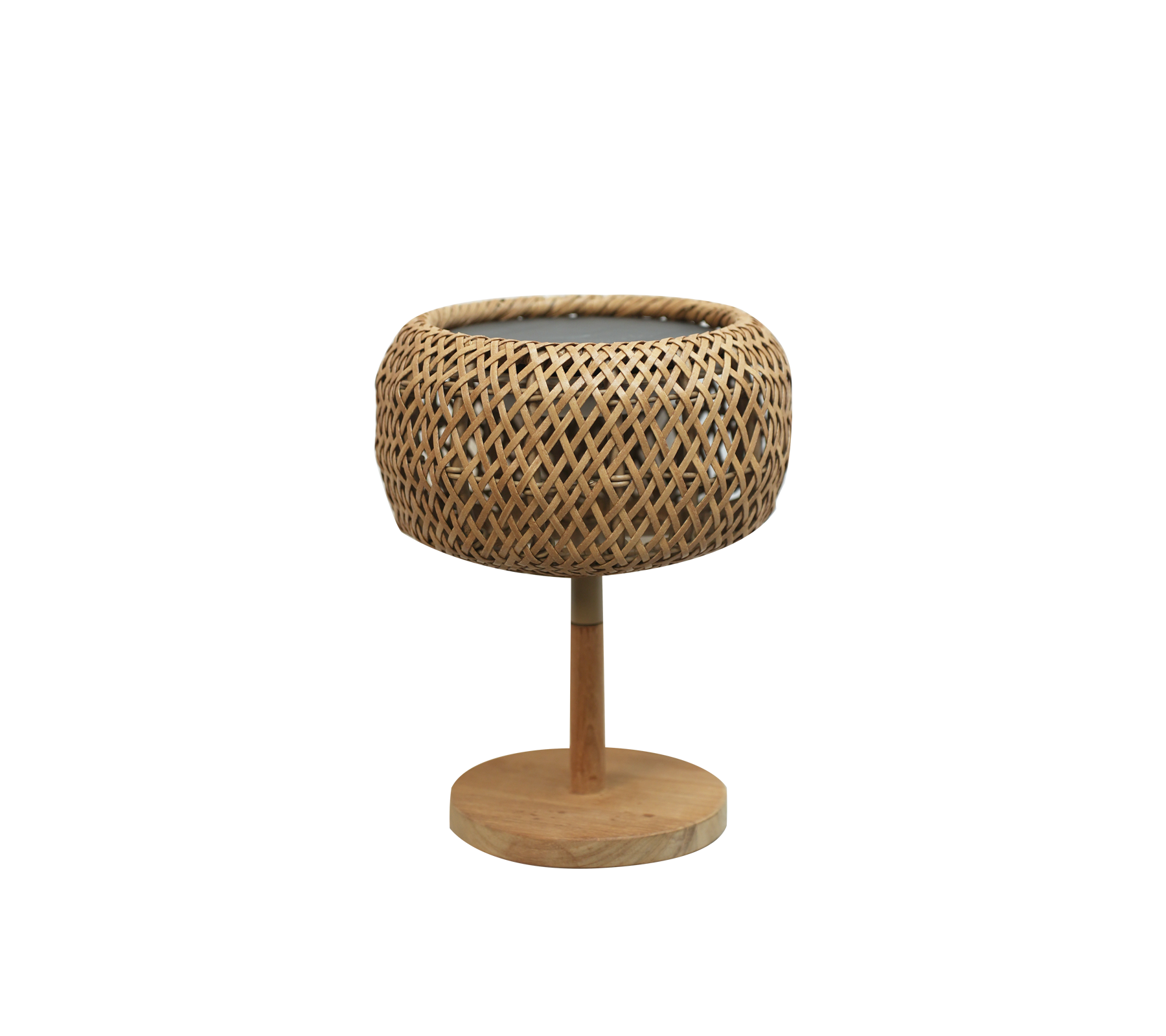 Moderne naturlig planteholder med et vevd design og rund base.