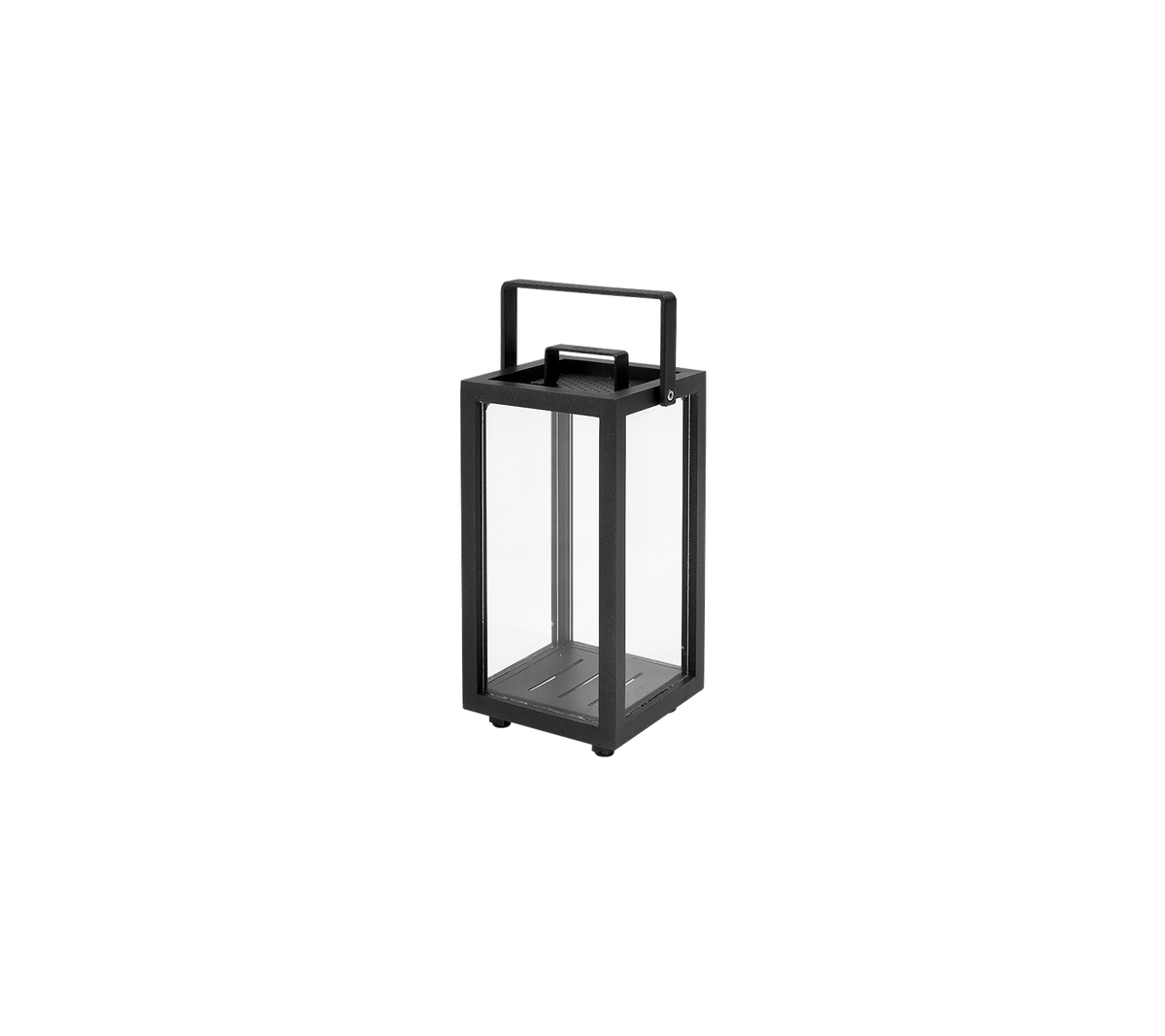 Firkantet lantern med svart ramme og glasspaneler, med et håndtak på toppen for enkel bæring.