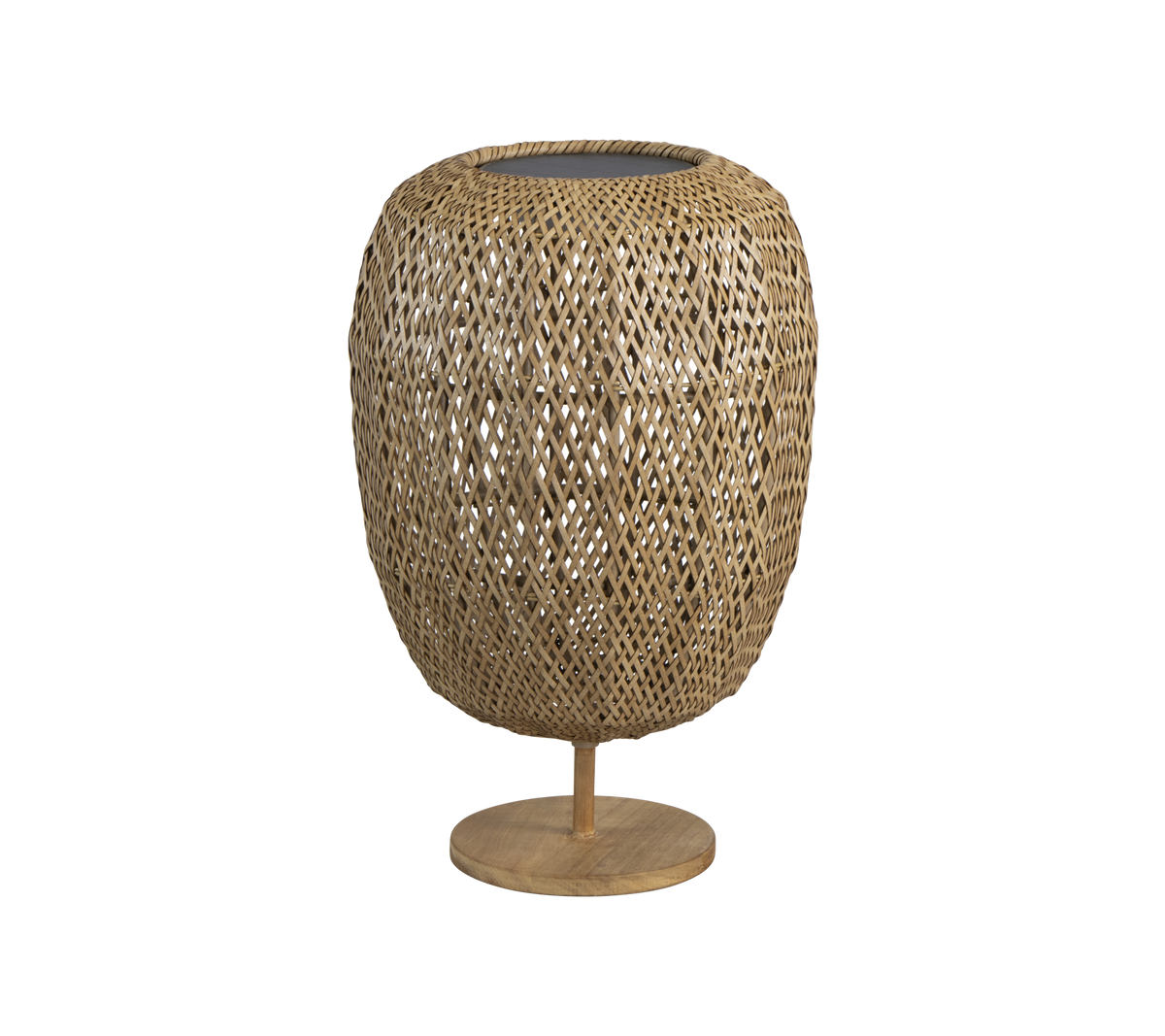 Vevet lampe i naturfiber med en rund form og en stabil base, som gir et stilfullt preg til enhver innredning.