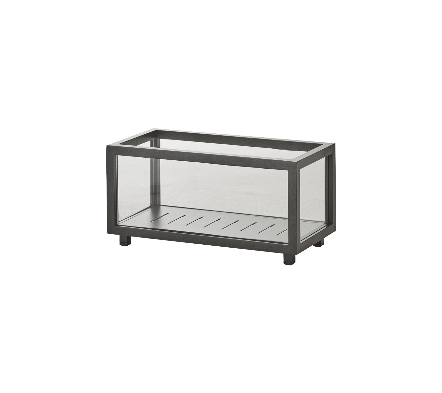Rektangulær glass vitrine med en slank metallramme, med en spaltet base for effektiv showcasing av gjenstander.