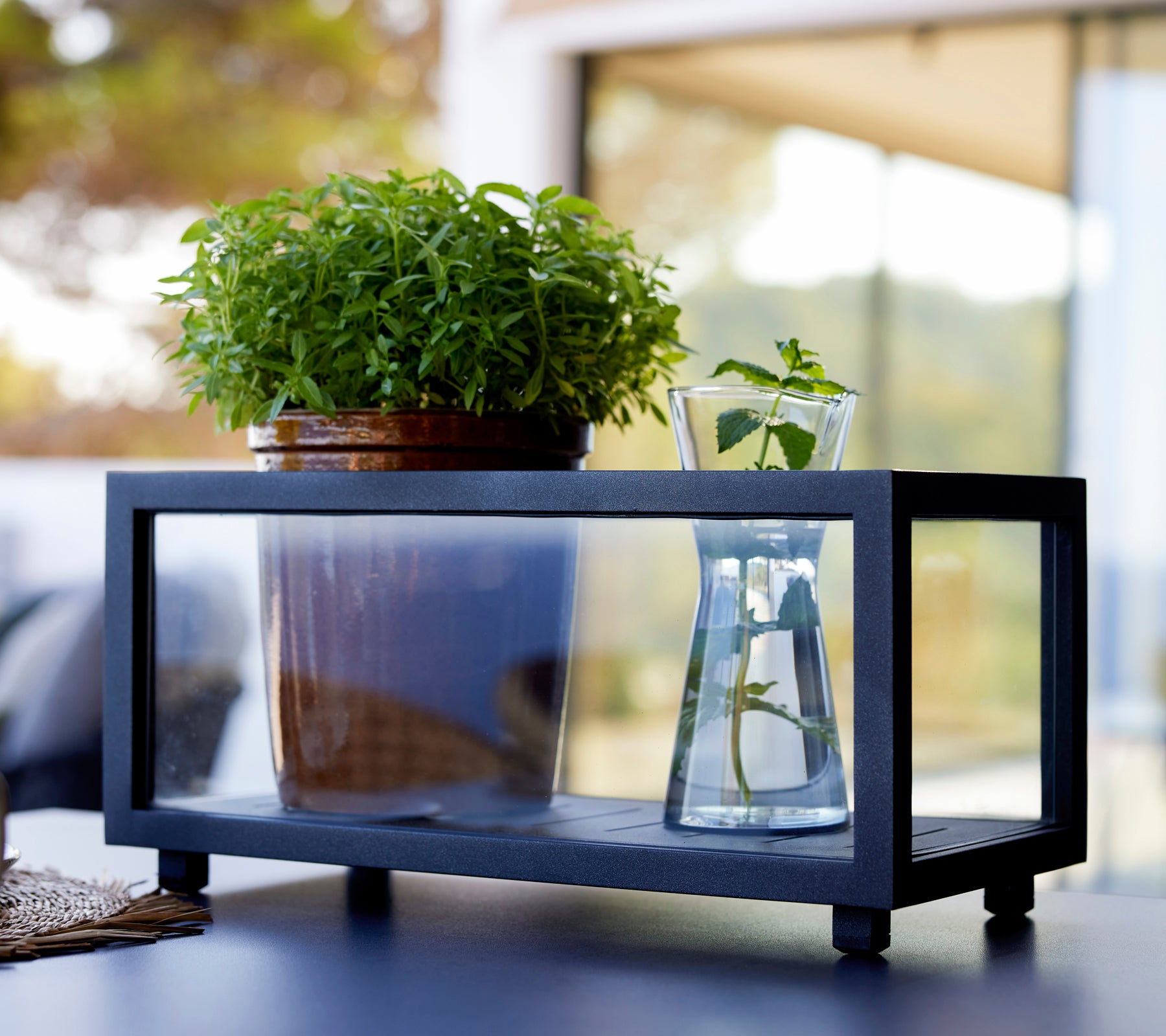 Svart plantekasse med en grønn plante og en glassvase i en moderne uteplass.