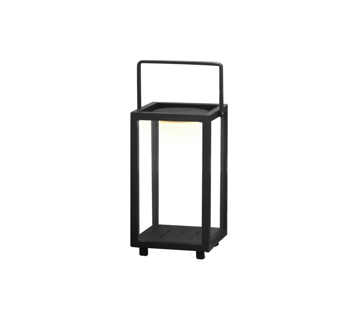 Et moderne LED-lampedesign med en firkantet ramme og håndtak, med et mykt lys i midten.