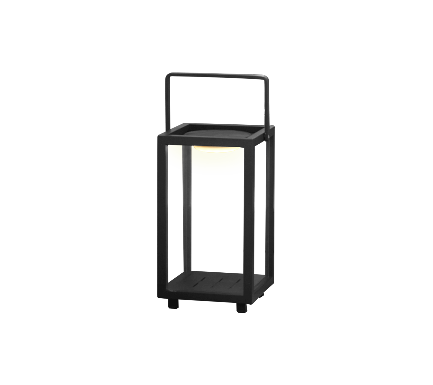 Et moderne LED-lampedesign med en firkantet ramme og håndtak, med et mykt lys i midten.