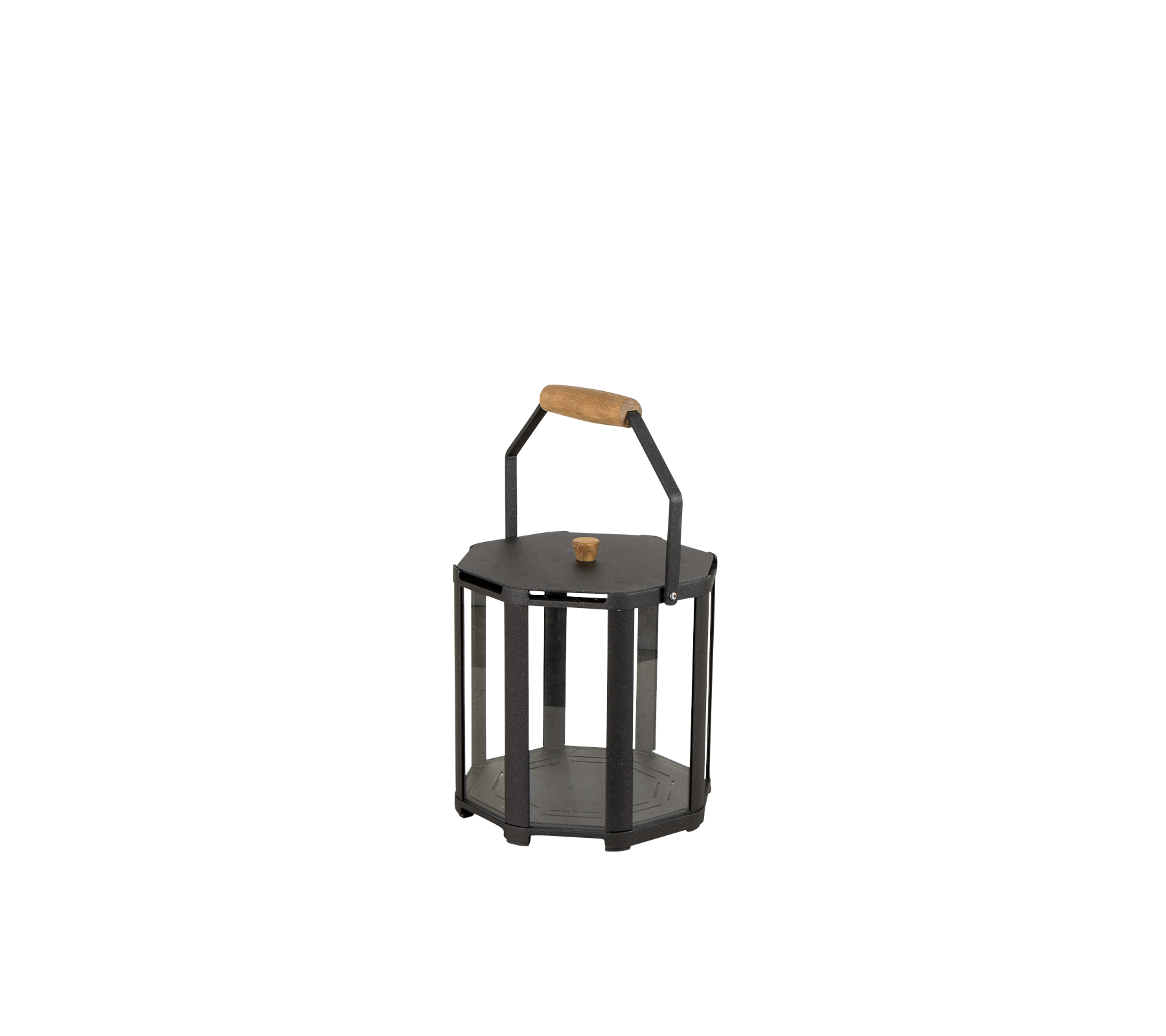Stilren lampe med en ramme av svart metall og et håndtak av tre, designet for å holde et lys eller lyskilde.