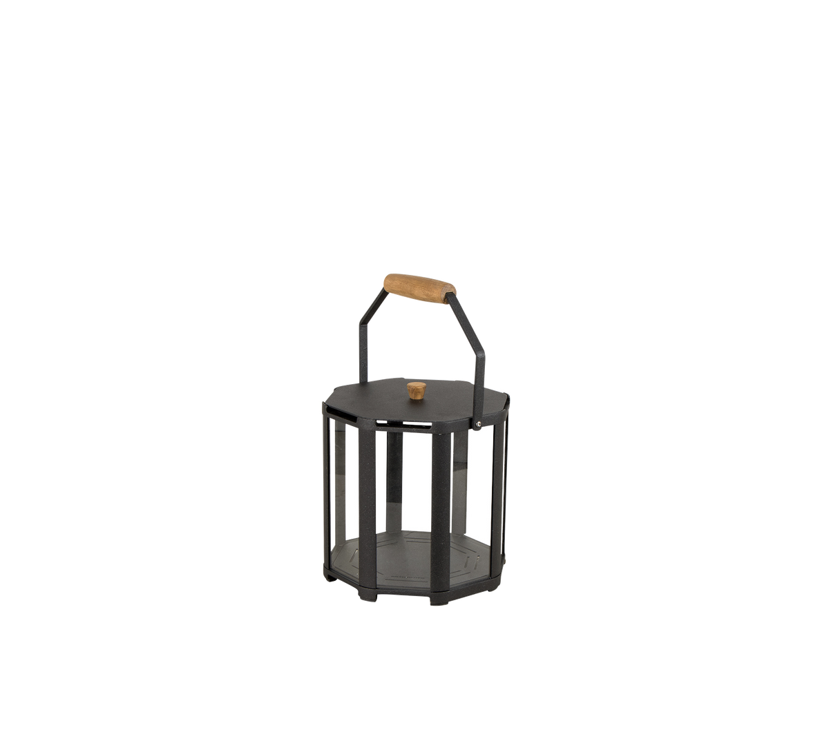 Stilren lampe med en ramme av svart metall og et håndtak av tre, designet for å holde et lys eller lyskilde.