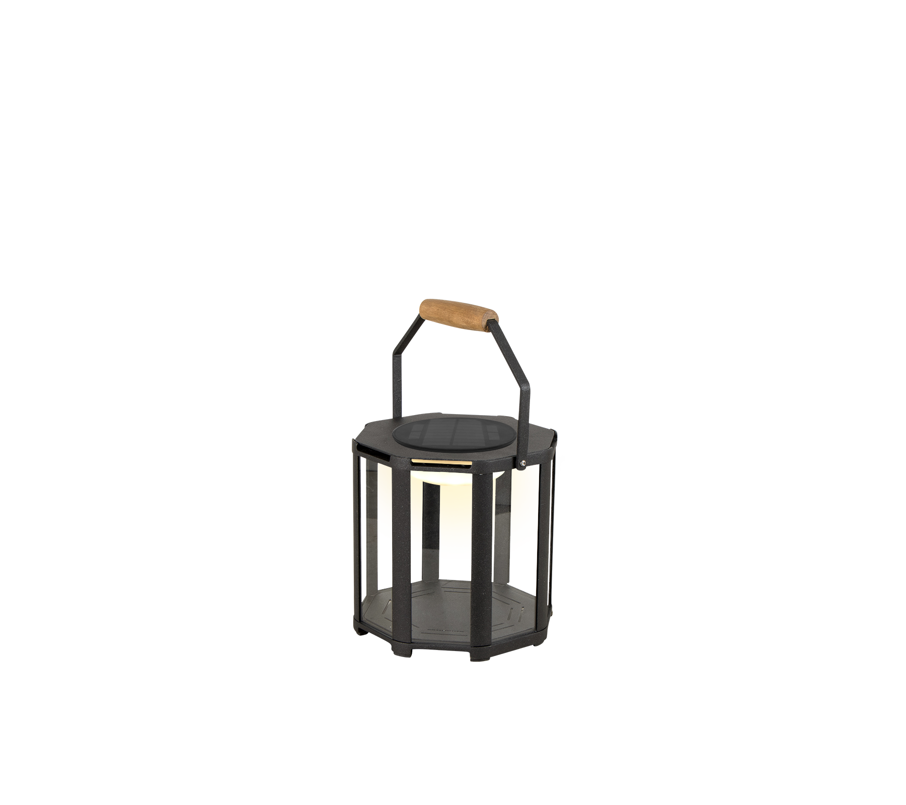 En stilig lykt med ramme i svart metall og et håndtak i tre, designet med LED-belysning for et moderne preg.
