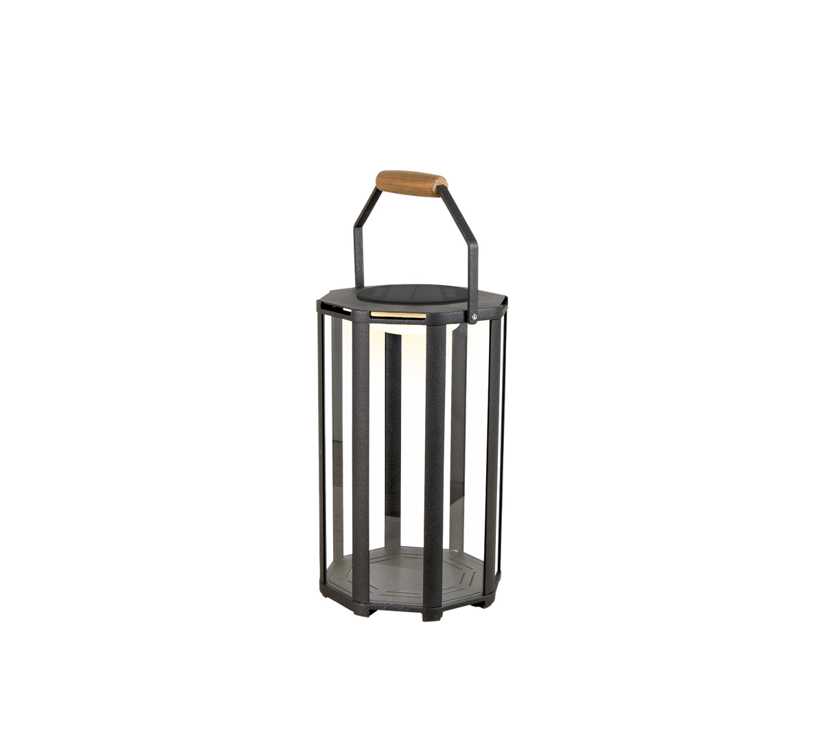 Stilig lanterne med metallramme og trehåndtak, med LED-belysning for et moderne preg.