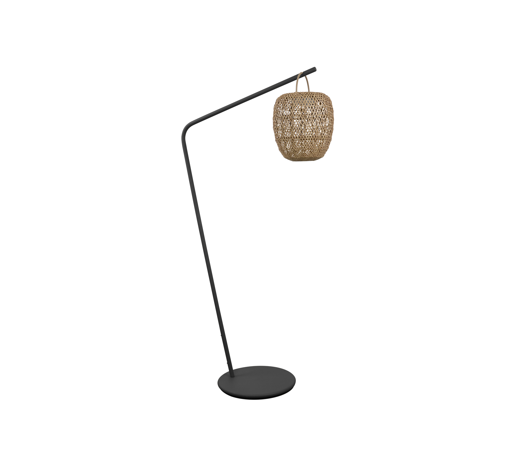 En stilfull gulvlampe med en buet design og en vevd skjerm, perfekt for å gi et moderne preg til rommet ditt.