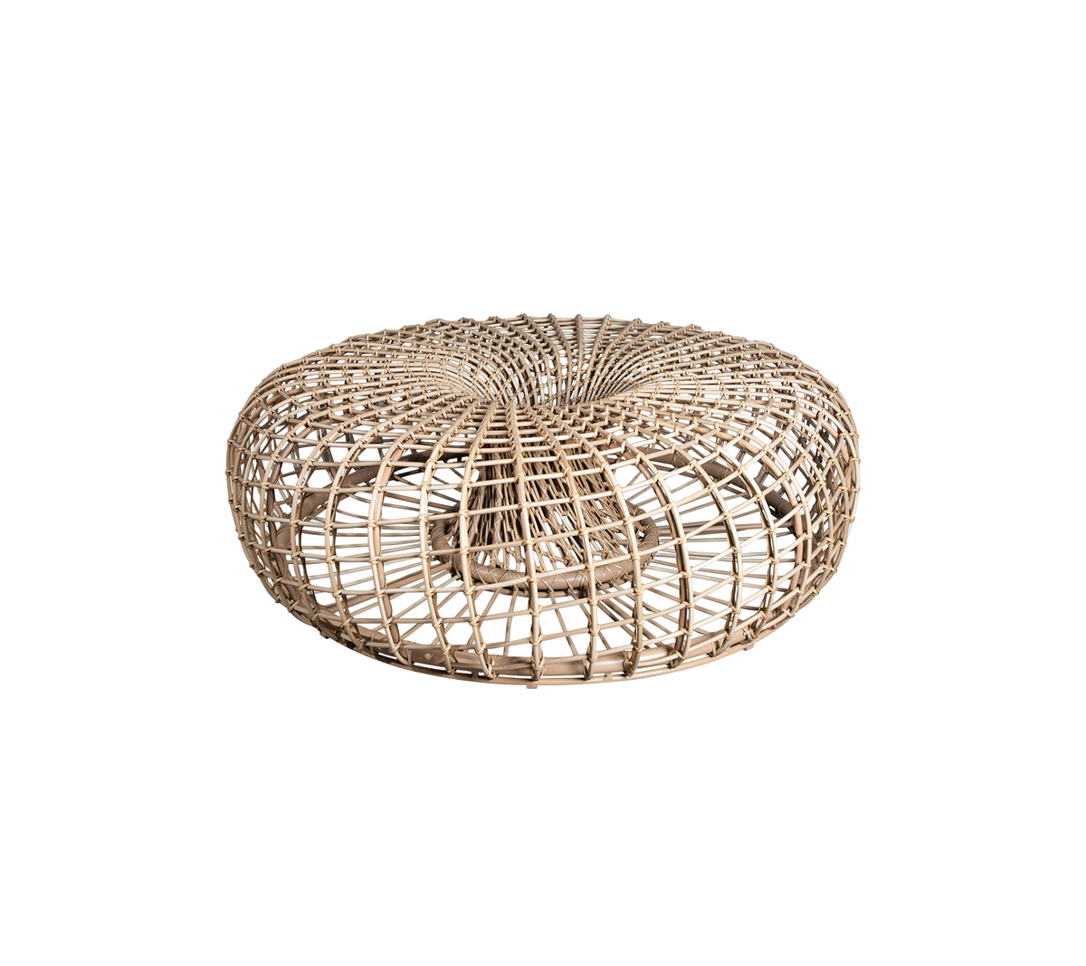 Rund vevd pouf i naturlig fiber med et teksturert design, perfekt som et allsidig accentstykke for ethvert rom.