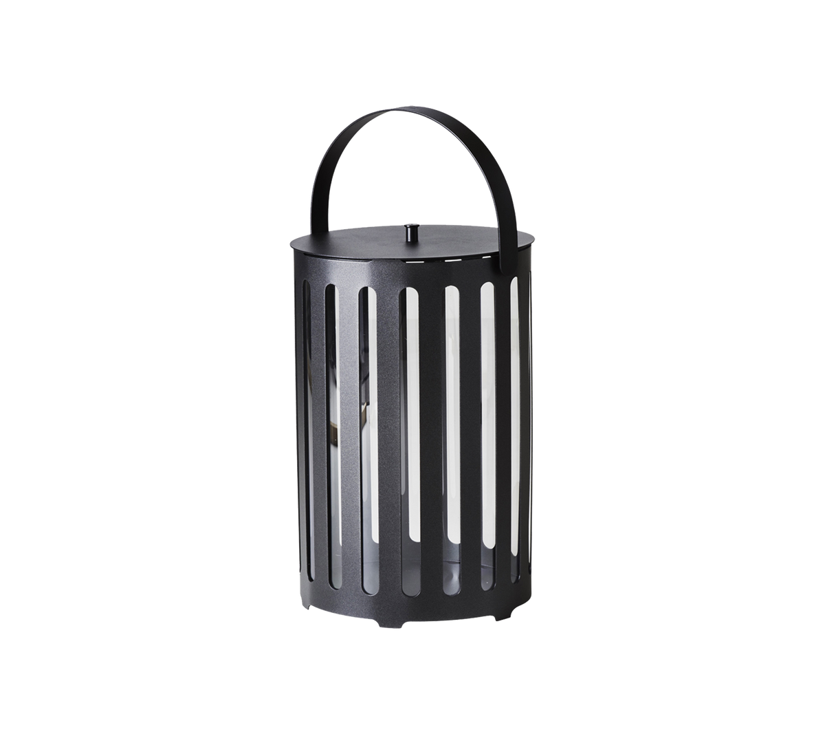 Svart metall-lanterne med vertikale lameller og et håndtak, designet for dekorativ belysning.