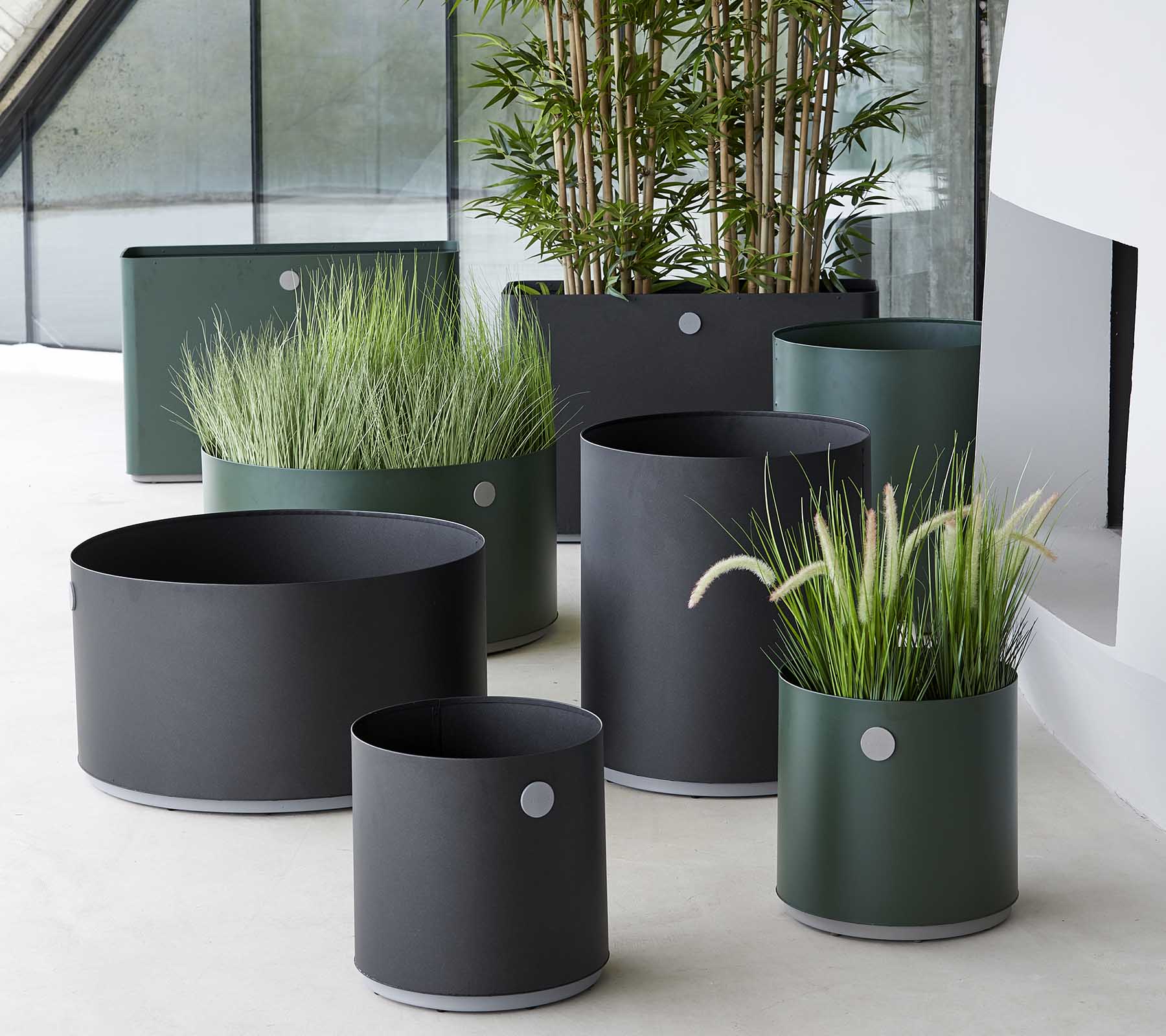 Ulike moderne plantekasser i mørke toner, med prydgress og planter, arrangert i en stilfull setting.