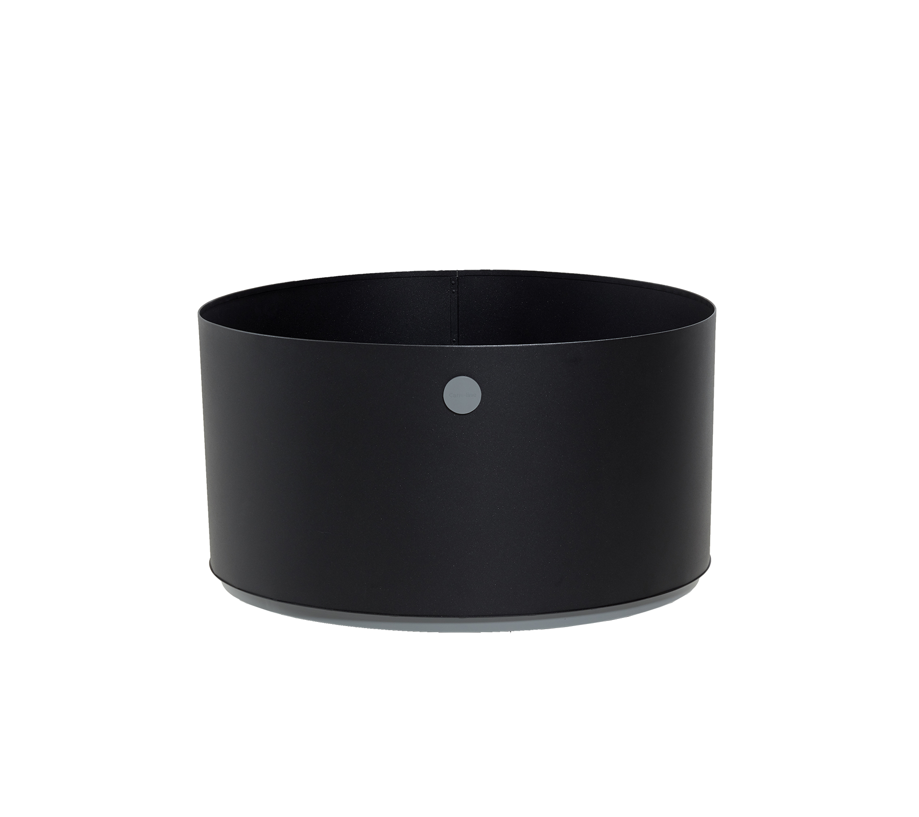 Rund svart beholder med minimalistisk design og en liten grå prikk som aksent. Perfekt for variert lagring og organisering.
