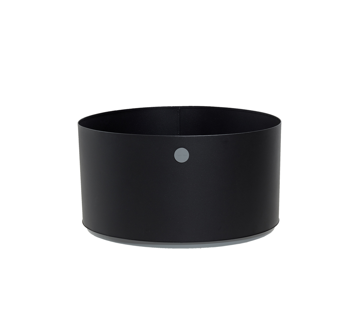 Rund svart beholder med minimalistisk design og en liten grå prikk som aksent. Perfekt for variert lagring og organisering.