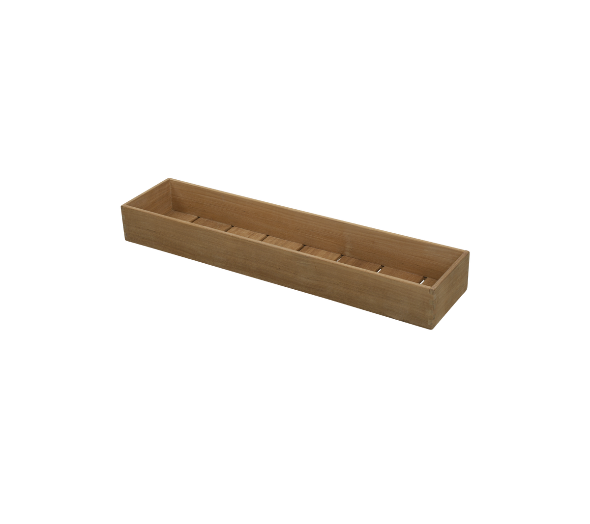 Trekasse med flere rom for organisering av gjenstander, med et langt og rektangulært design.